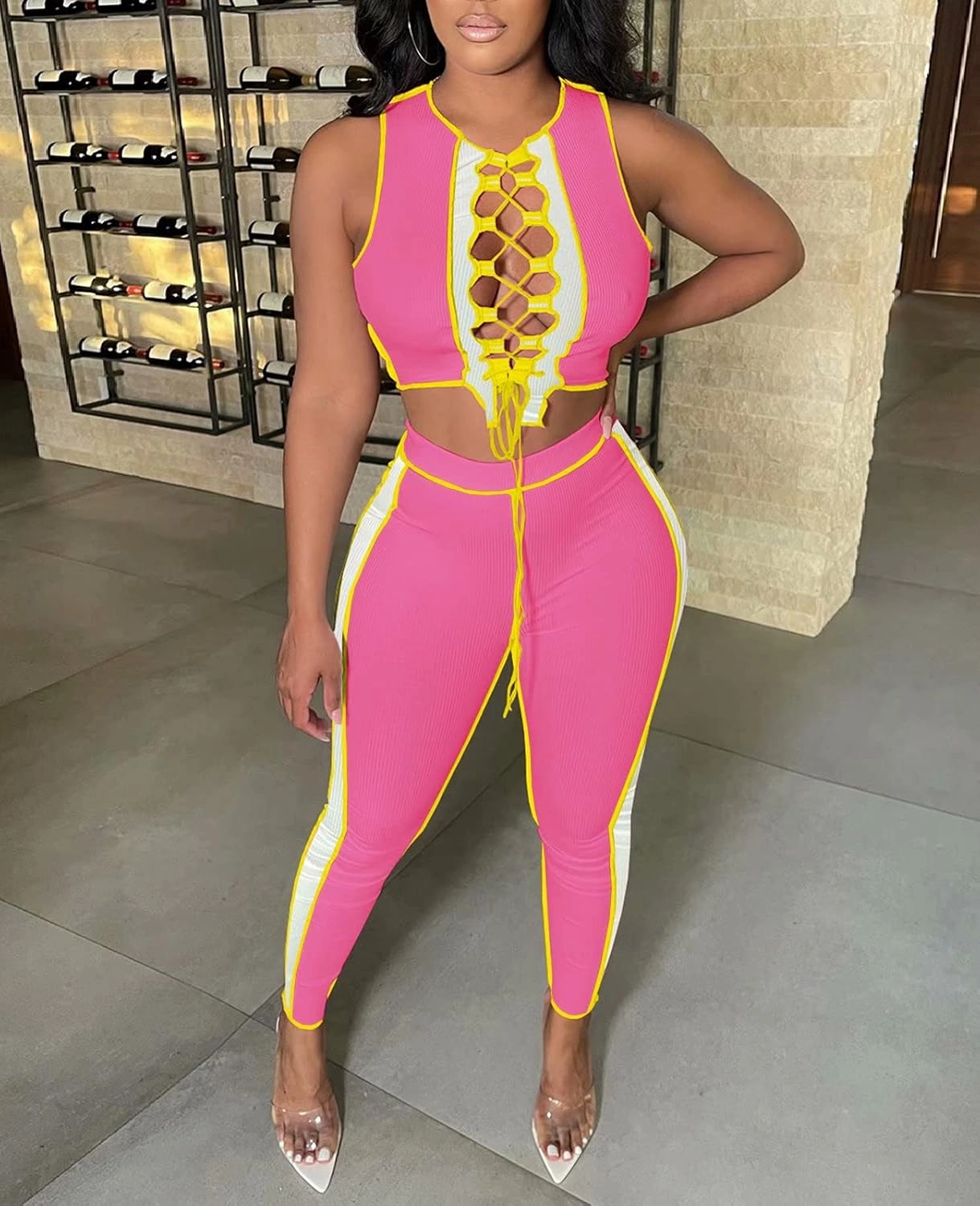 Neyaolk Women Lace Up Sweatsuit Outfits - Sexy Tank Crop Top Bodycon Color Block Ribbed Pants Suit Workout Set Clubwear