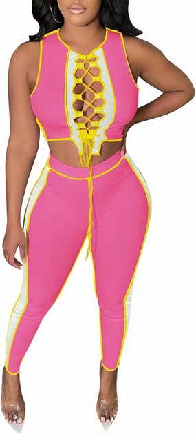 Neyaolk Women Lace Up Sweatsuit Outfits - Sexy Tank Crop Top Bodycon Color Block Ribbed Pants Suit Workout Set Clubwear