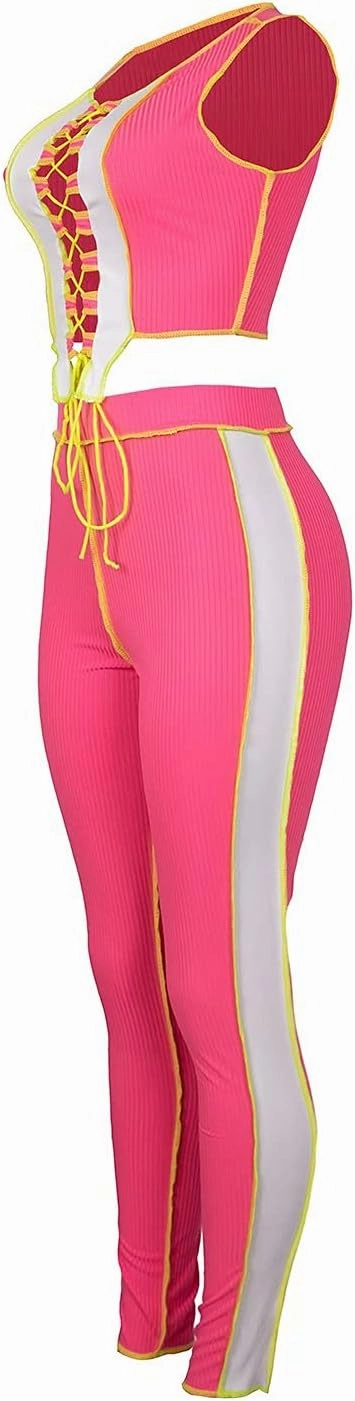 Neyaolk Women Lace Up Sweatsuit Outfits - Sexy Tank Crop Top Bodycon Color Block Ribbed Pants Suit Workout Set Clubwear