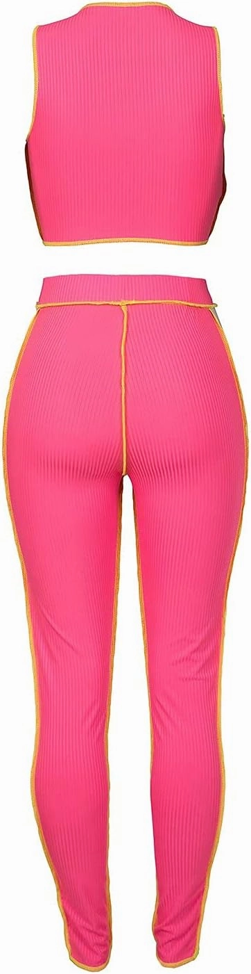Neyaolk Women Lace Up Sweatsuit Outfits - Sexy Tank Crop Top Bodycon Color Block Ribbed Pants Suit Workout Set Clubwear