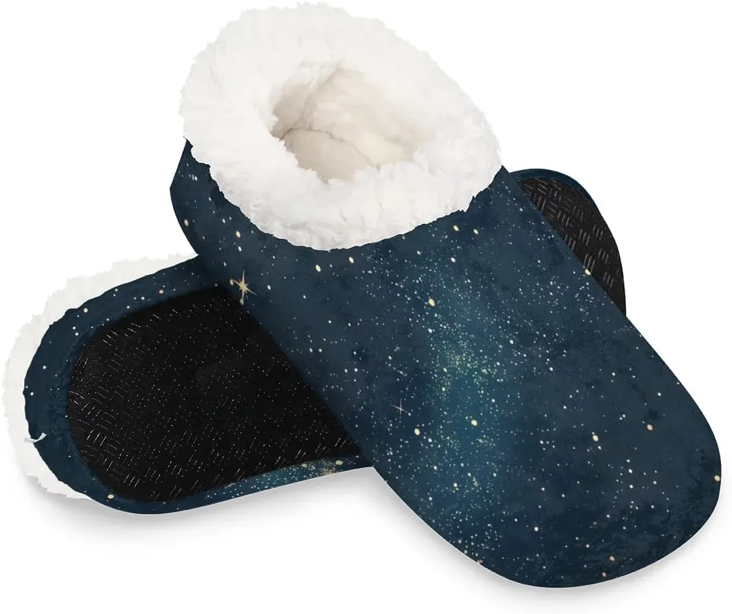 Night Sky Space Backdrop Dark Blue Cosmic Starry Fantasy Galaxy Universe Space Women's Soft Slippers Fuzzy Slip On House Slippers for Winter Bedroom Outdoor with Fleece Lining