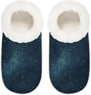 Night Sky Space Backdrop Dark Blue Cosmic Starry Fantasy Galaxy Universe Space Women's Soft Slippers Fuzzy Slip On House Slippers for Winter Bedroom Outdoor with Fleece Lining