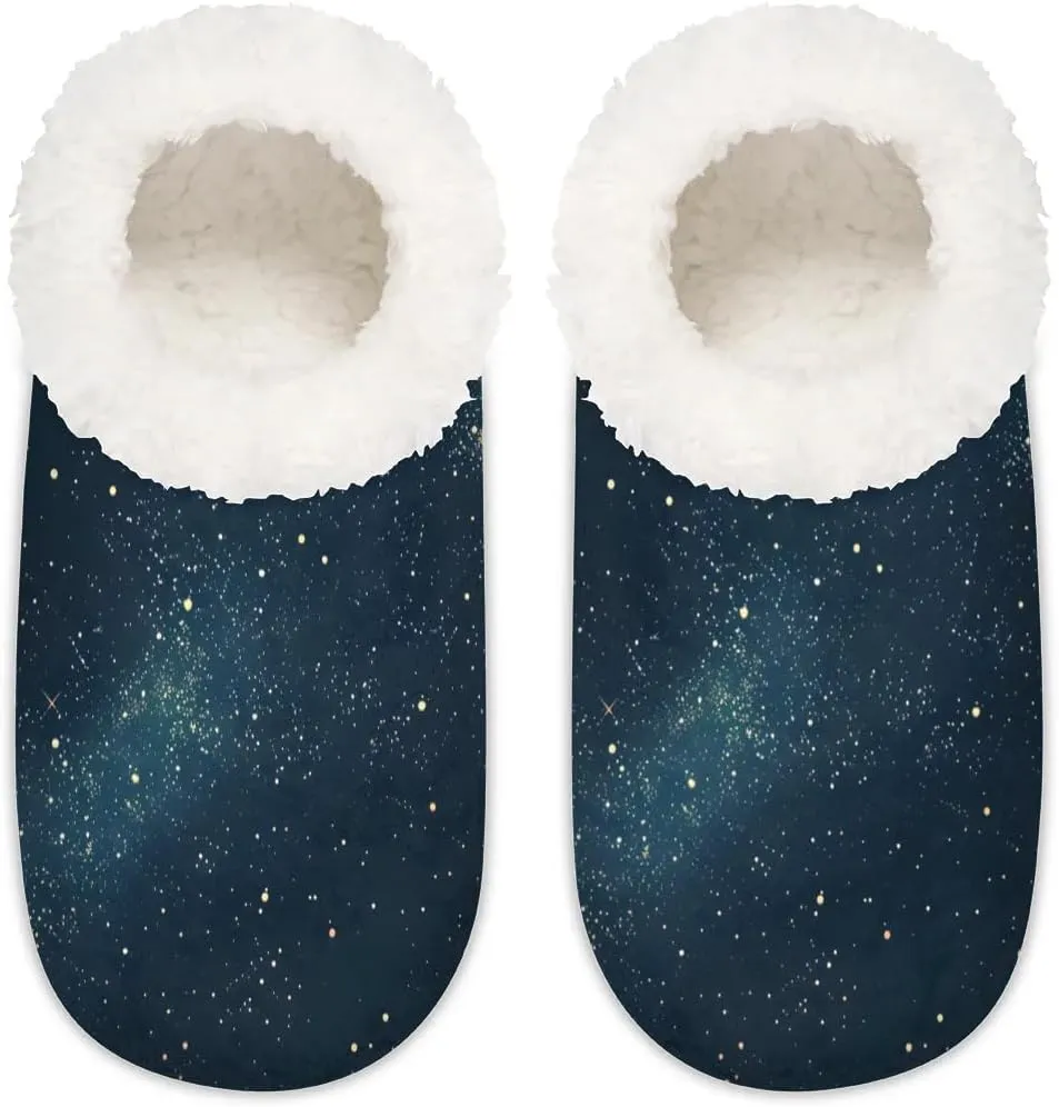 Night Sky Space Backdrop Dark Blue Cosmic Starry Fantasy Galaxy Universe Space Women's Soft Slippers Fuzzy Slip On House Slippers for Winter Bedroom Outdoor with Fleece Lining