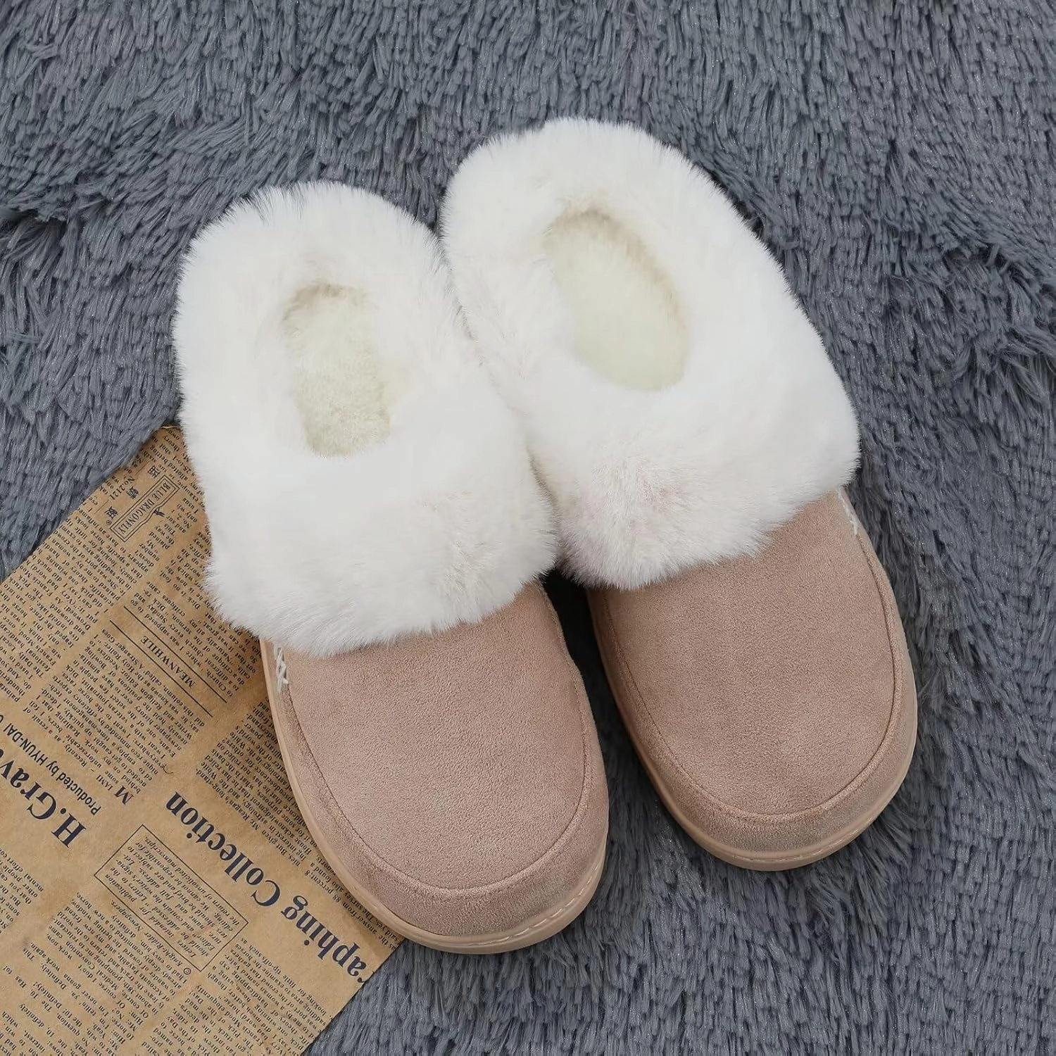 NineCiFun Women's and Men's Suede House Slippers Slip on Fuzzy Slippers with Faux Fur Lining Indoor Outdoor Home Shoes with Rubber Sole
