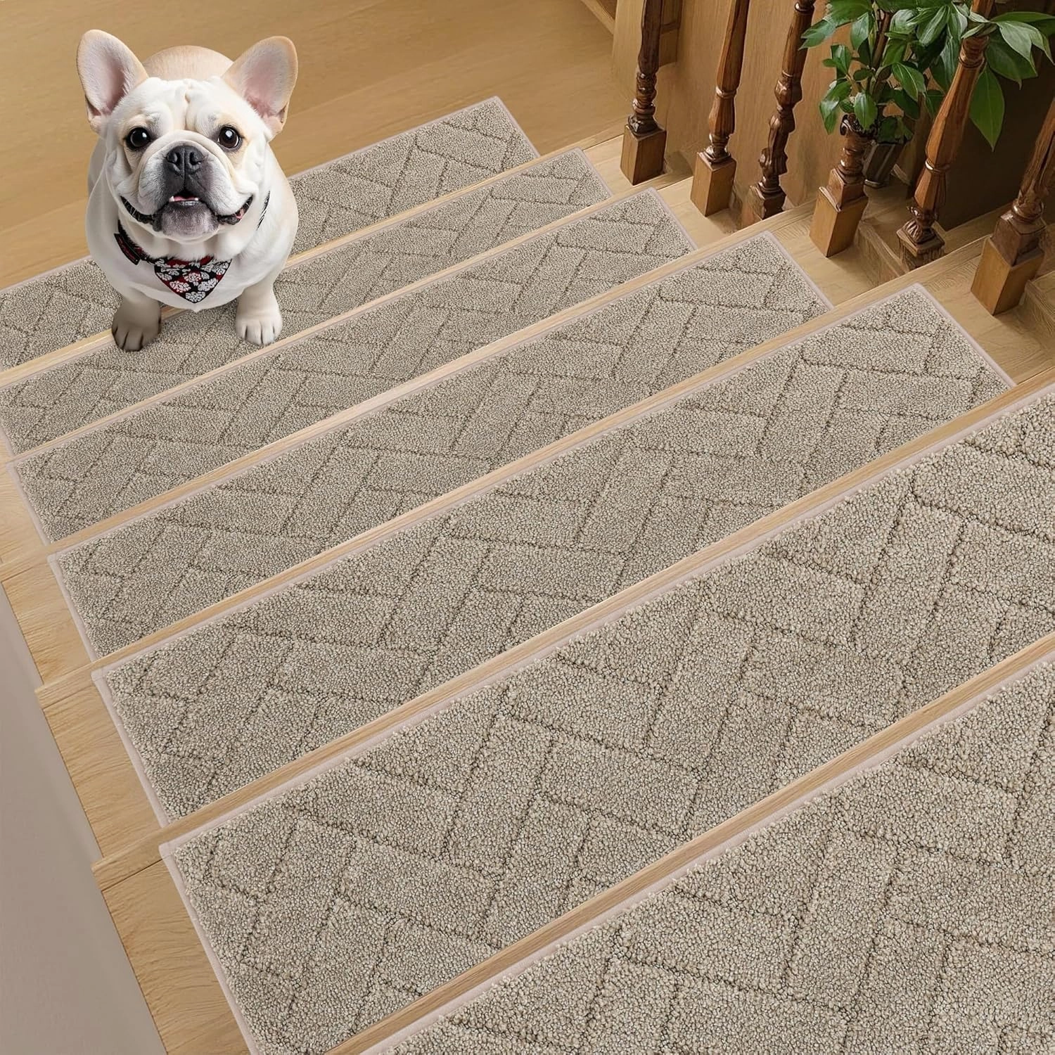 Non-Slip Stair Treads for Wooden Steps Indoor, 15 Pack 9" X 28" Edging Stair Runner with TPE Backing, 0.4" Thick Stair Rugs for Kids Elders & Pets, 100% Polyester Soft Carpet Stair Mats, Beige