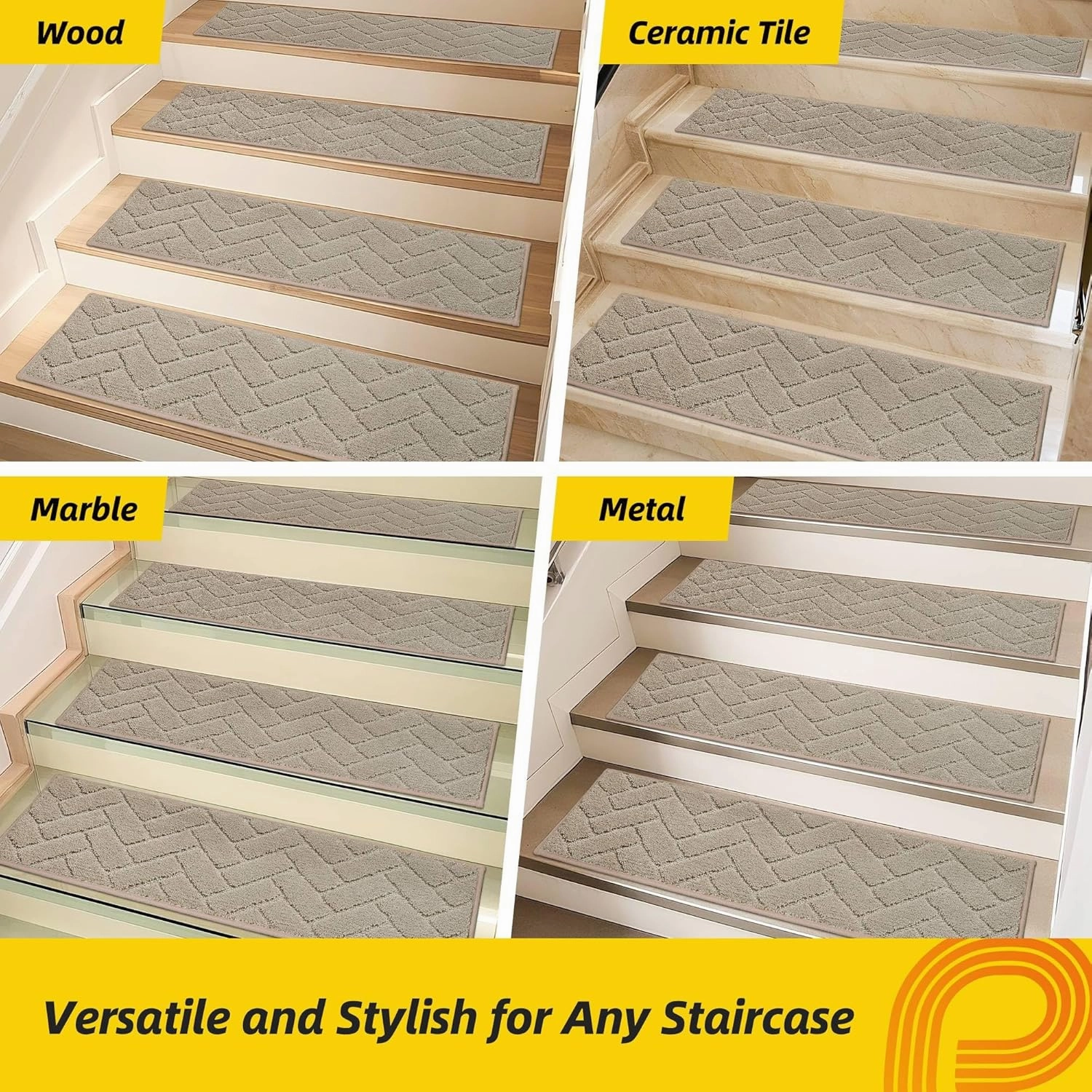 Non-Slip Stair Treads for Wooden Steps Indoor, 15 Pack 9" X 28" Edging Stair Runner with TPE Backing, 0.4" Thick Stair Rugs for Kids Elders & Pets, 100% Polyester Soft Carpet Stair Mats, Beige