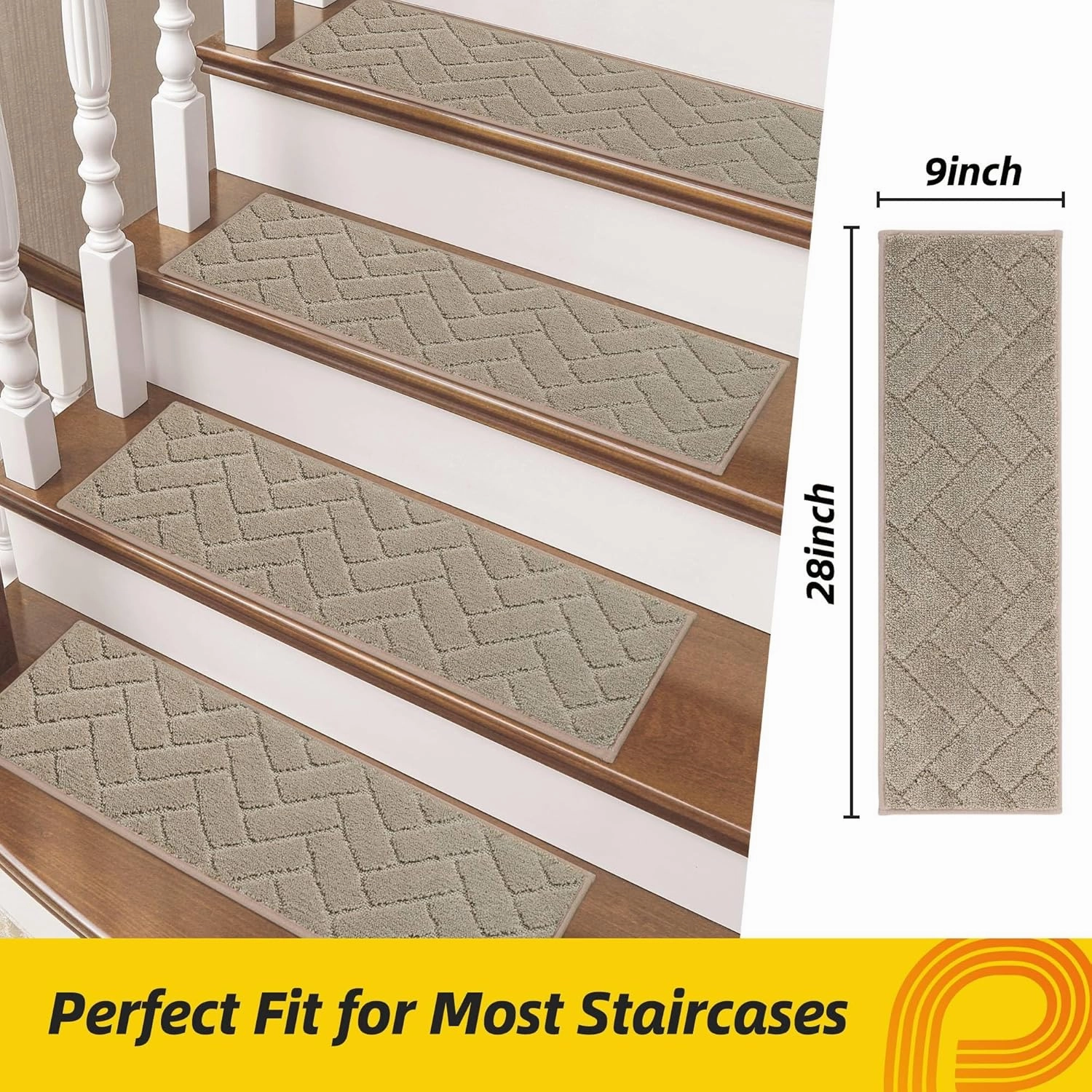 Non-Slip Stair Treads for Wooden Steps Indoor, 15 Pack 9" X 28" Edging Stair Runner with TPE Backing, 0.4" Thick Stair Rugs for Kids Elders & Pets, 100% Polyester Soft Carpet Stair Mats, Beige