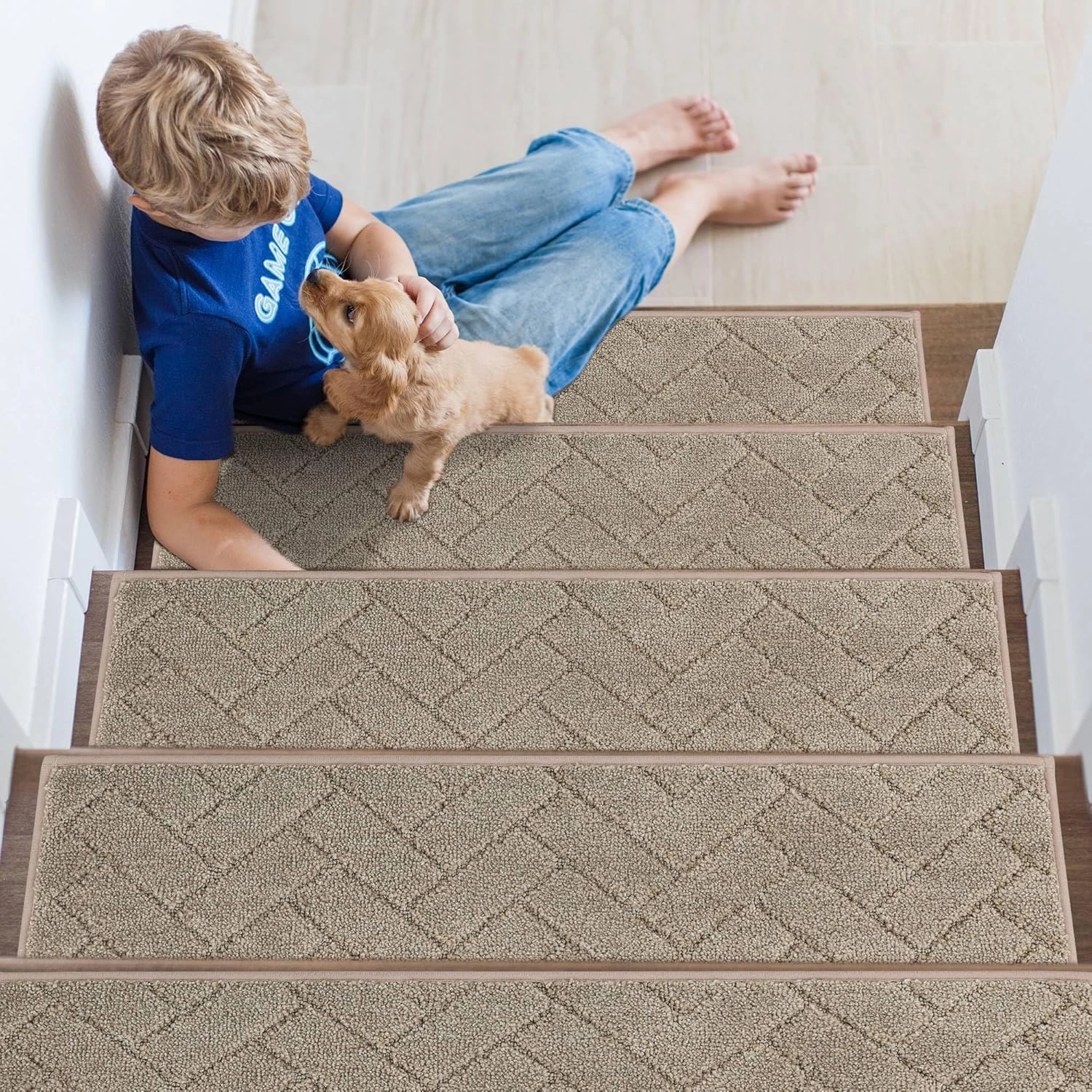 Non-Slip Stair Treads for Wooden Steps Indoor, 15 Pack 9" X 28" Edging Stair Runner with TPE Backing, 0.4" Thick Stair Rugs for Kids Elders & Pets, 100% Polyester Soft Carpet Stair Mats, Beige