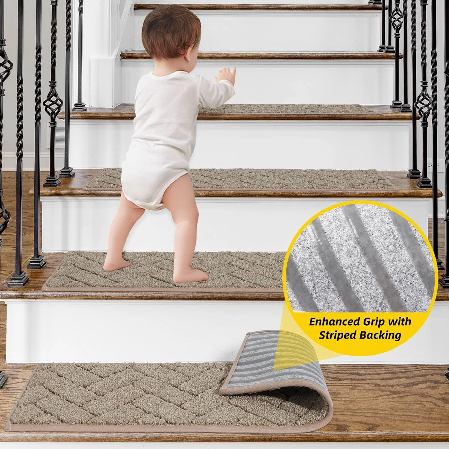 Non-Slip Stair Treads for Wooden Steps Indoor, 15 Pack 9" X 28" Edging Stair Runner with TPE Backing, 0.4" Thick Stair Rugs for Kids Elders & Pets, 100% Polyester Soft Carpet Stair Mats, Beige