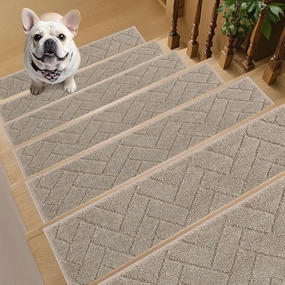 Non-Slip Stair Treads for Wooden Steps Indoor, 15 Pack 9" X 28" Edging Stair Runner with TPE Backing, 0.4" Thick Stair Rugs for Kids Elders & Pets, 100% Polyester Soft Carpet Stair Mats, Beige