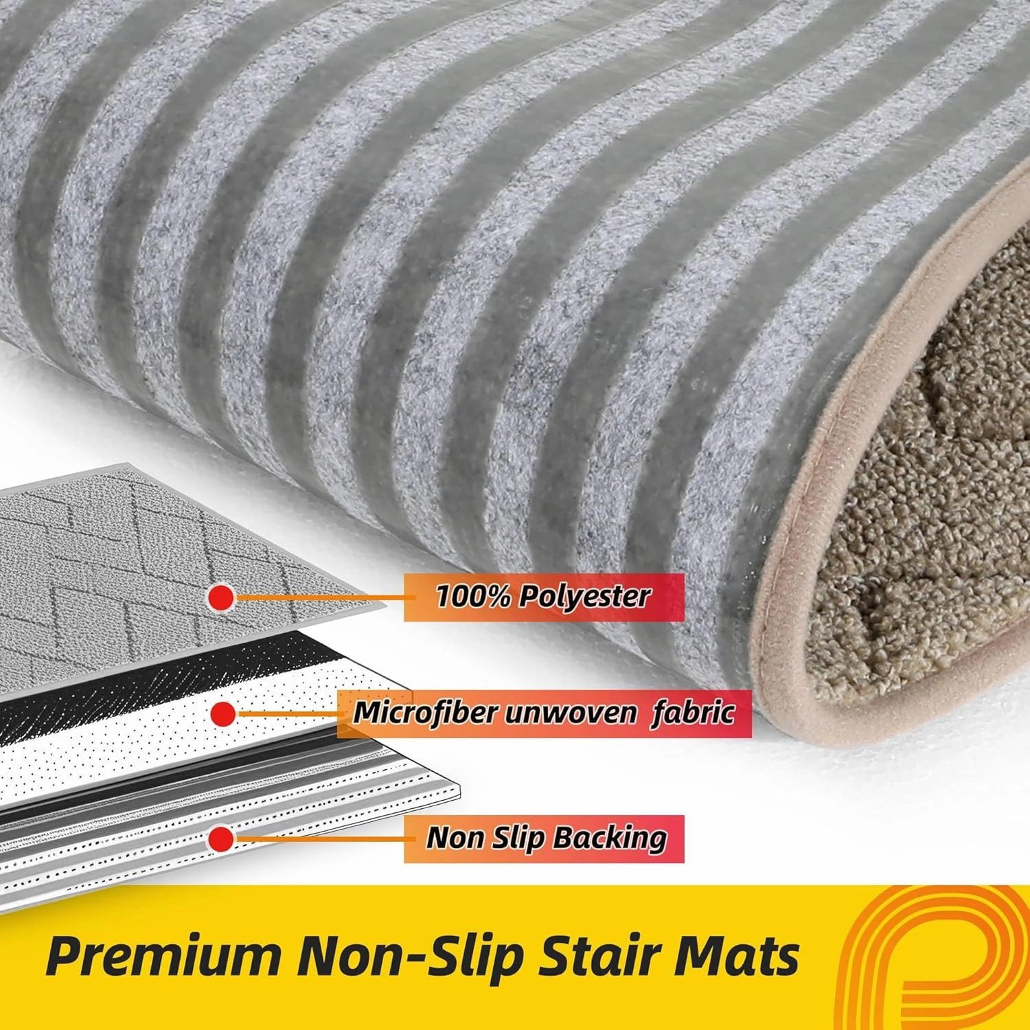 Non-Slip Stair Treads for Wooden Steps Indoor, 15 Pack 9" X 28" Edging Stair Runner with TPE Backing, 0.4" Thick Stair Rugs for Kids Elders & Pets, 100% Polyester Soft Carpet Stair Mats, Beige