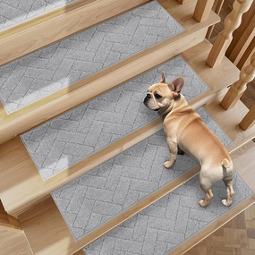 Non-Slip Stair Treads for Wooden Steps Indoor, 4 Pack 9" X 28" Edging Stair Runner with TPE Backing, 0.4" Thick Stair Rugs for Kids Elders & Pets, 100% Polyester Soft Carpet Stair Mats, Light Grey