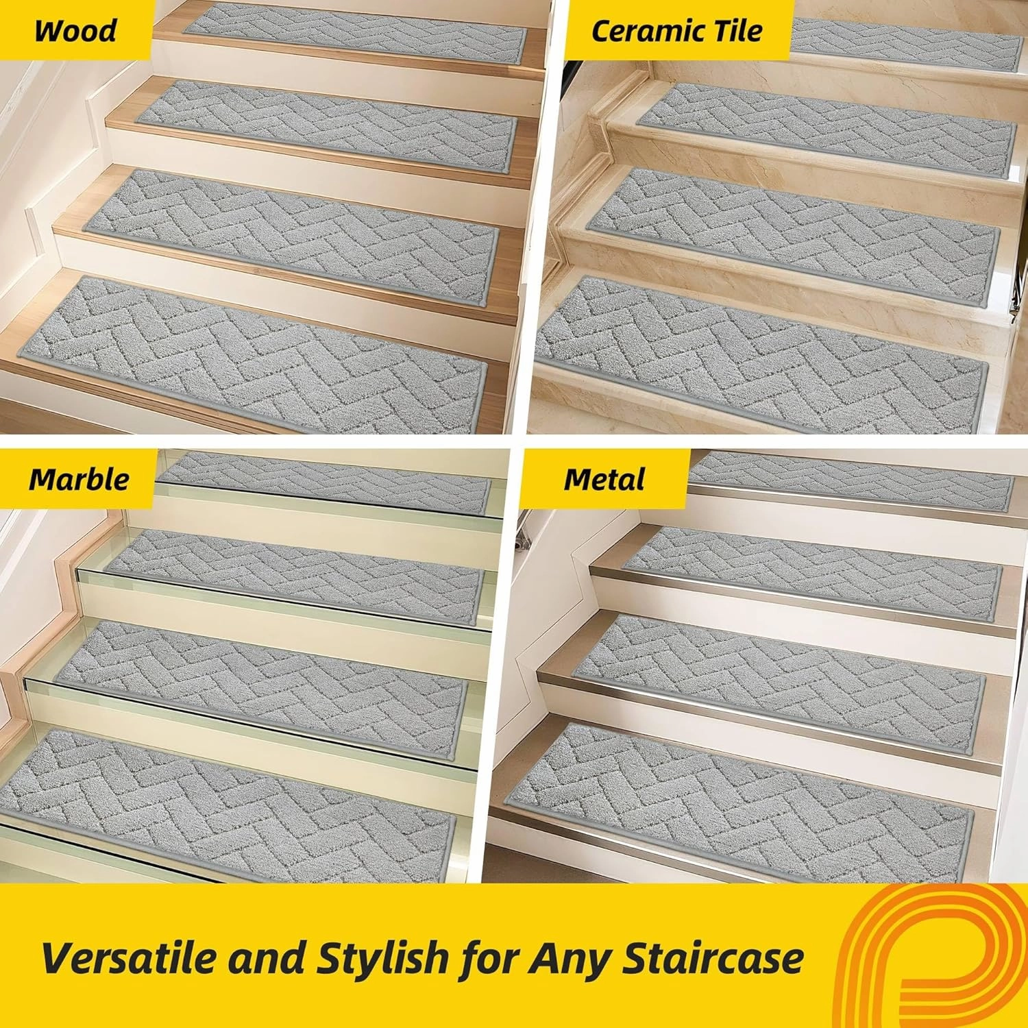 Non-Slip Stair Treads for Wooden Steps Indoor, 4 Pack 9" X 28" Edging Stair Runner with TPE Backing, 0.4" Thick Stair Rugs for Kids Elders & Pets, 100% Polyester Soft Carpet Stair Mats, Light Grey