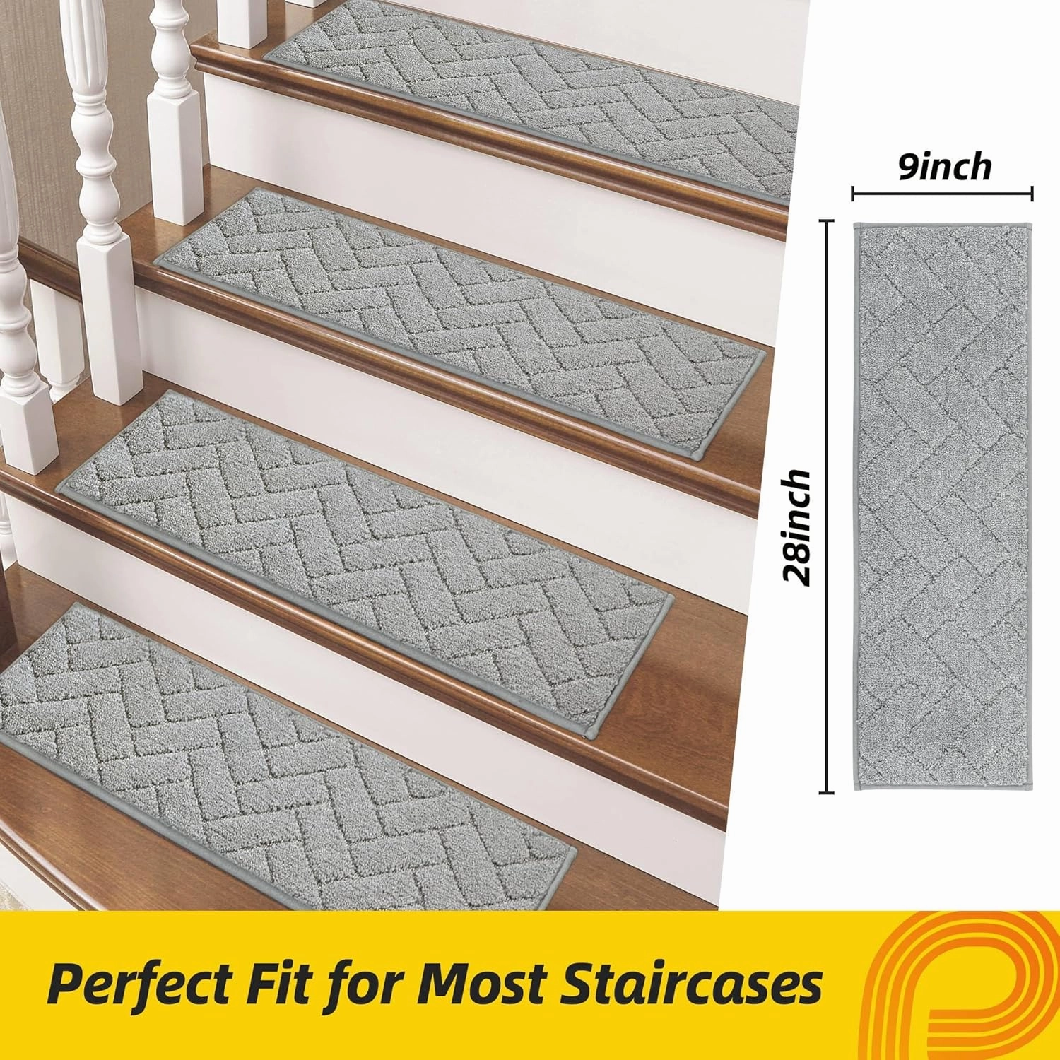 Non-Slip Stair Treads for Wooden Steps Indoor, 4 Pack 9" X 28" Edging Stair Runner with TPE Backing, 0.4" Thick Stair Rugs for Kids Elders & Pets, 100% Polyester Soft Carpet Stair Mats, Light Grey