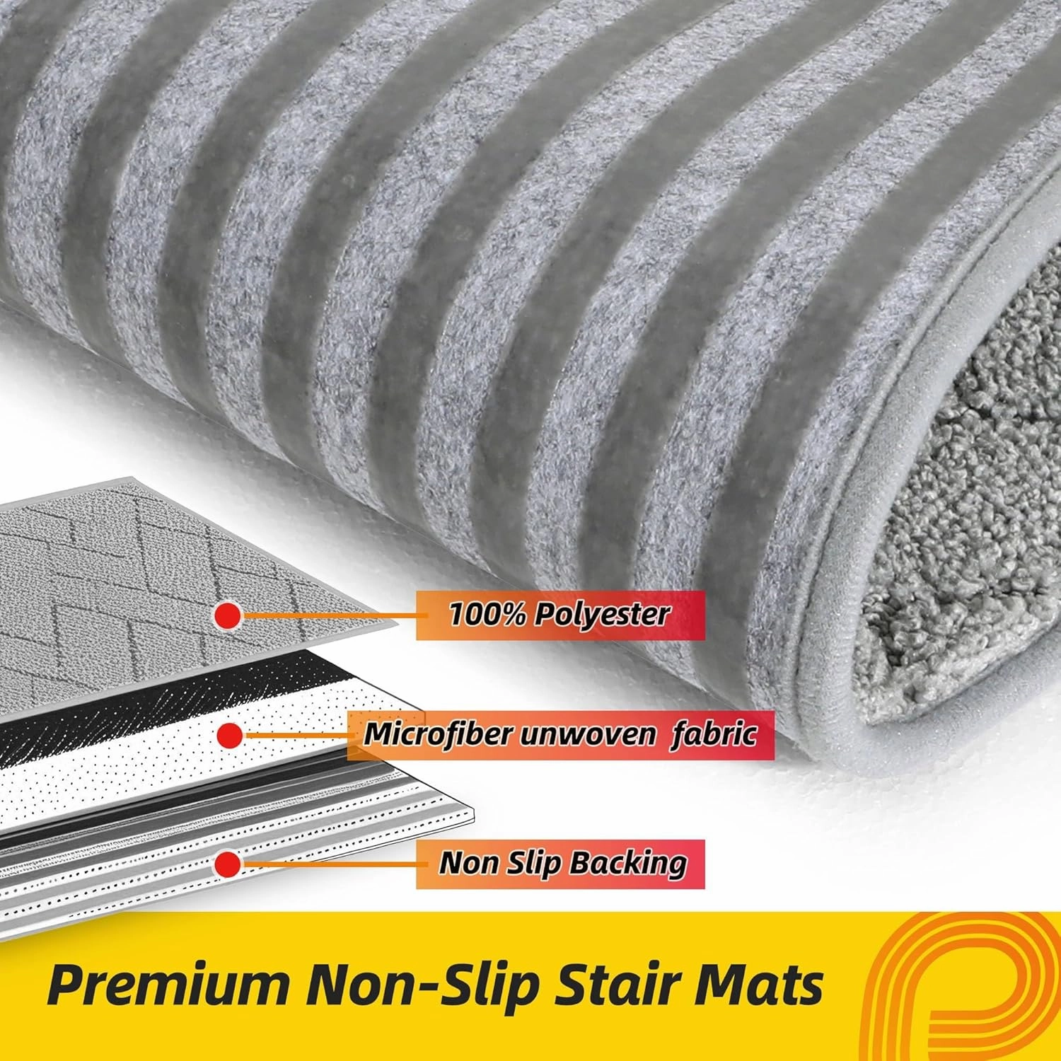 Non-Slip Stair Treads for Wooden Steps Indoor, 4 Pack 9" X 28" Edging Stair Runner with TPE Backing, 0.4" Thick Stair Rugs for Kids Elders & Pets, 100% Polyester Soft Carpet Stair Mats, Light Grey