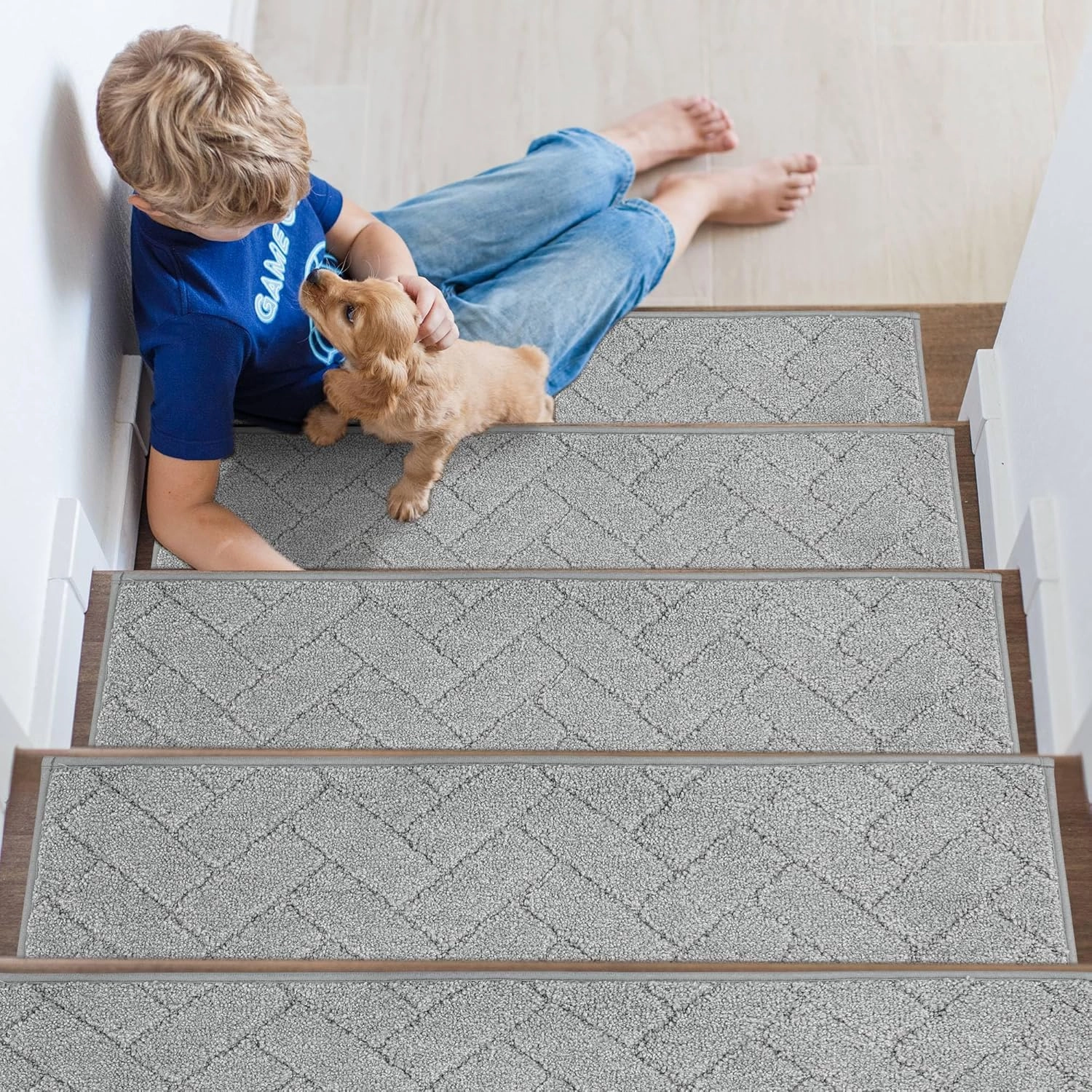 Non-Slip Stair Treads for Wooden Steps Indoor, 4 Pack 9" X 28" Edging Stair Runner with TPE Backing, 0.4" Thick Stair Rugs for Kids Elders & Pets, 100% Polyester Soft Carpet Stair Mats, Light Grey