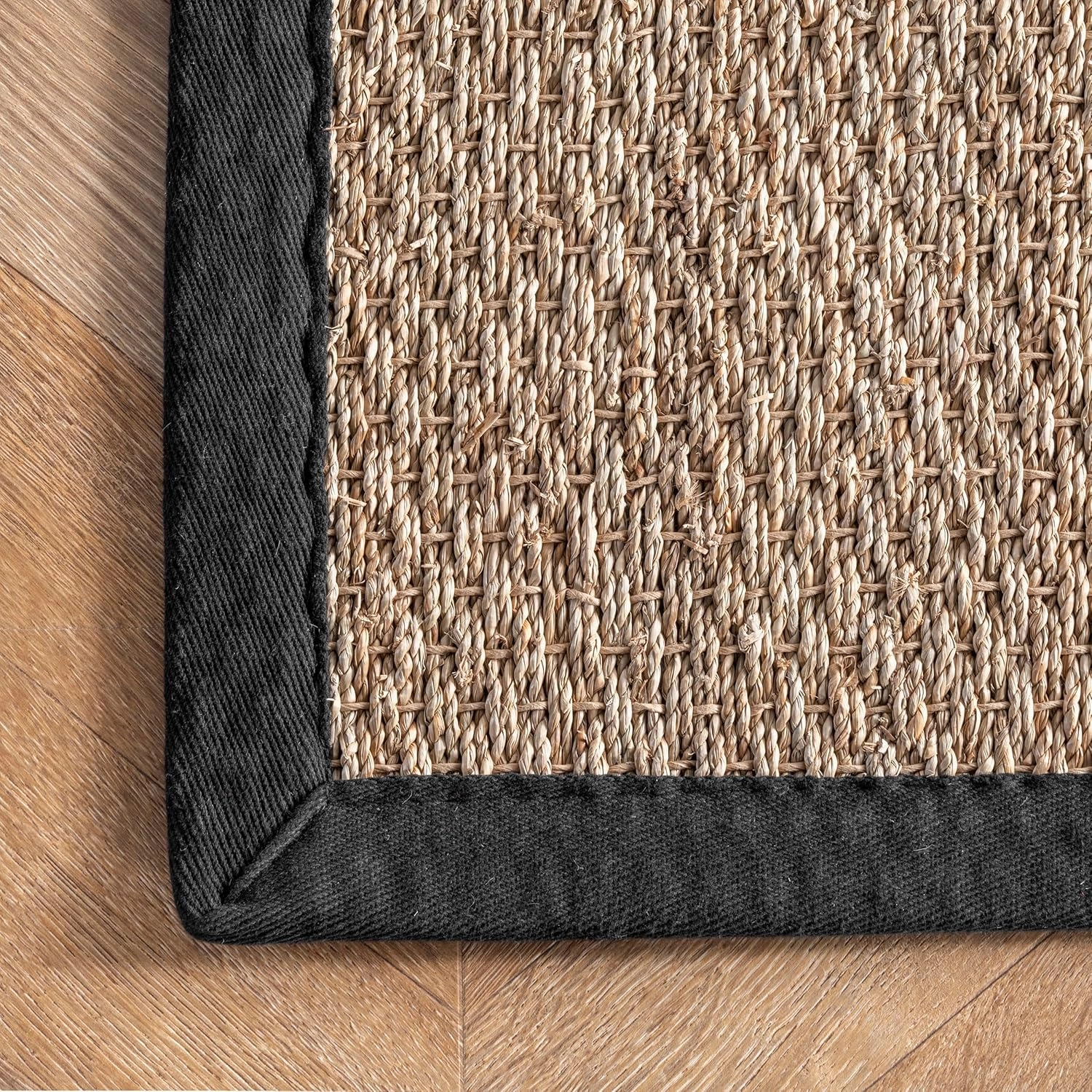 nuLOOM 3x4 Elijah Seagrass Area Rug, Black, Solid Farmhouse Style, Cotton Bordered, Basketweave, Natural Fiber, For Bedroom, Dining Room, Living Room, Hallway, Office, Kitchen, Entryway