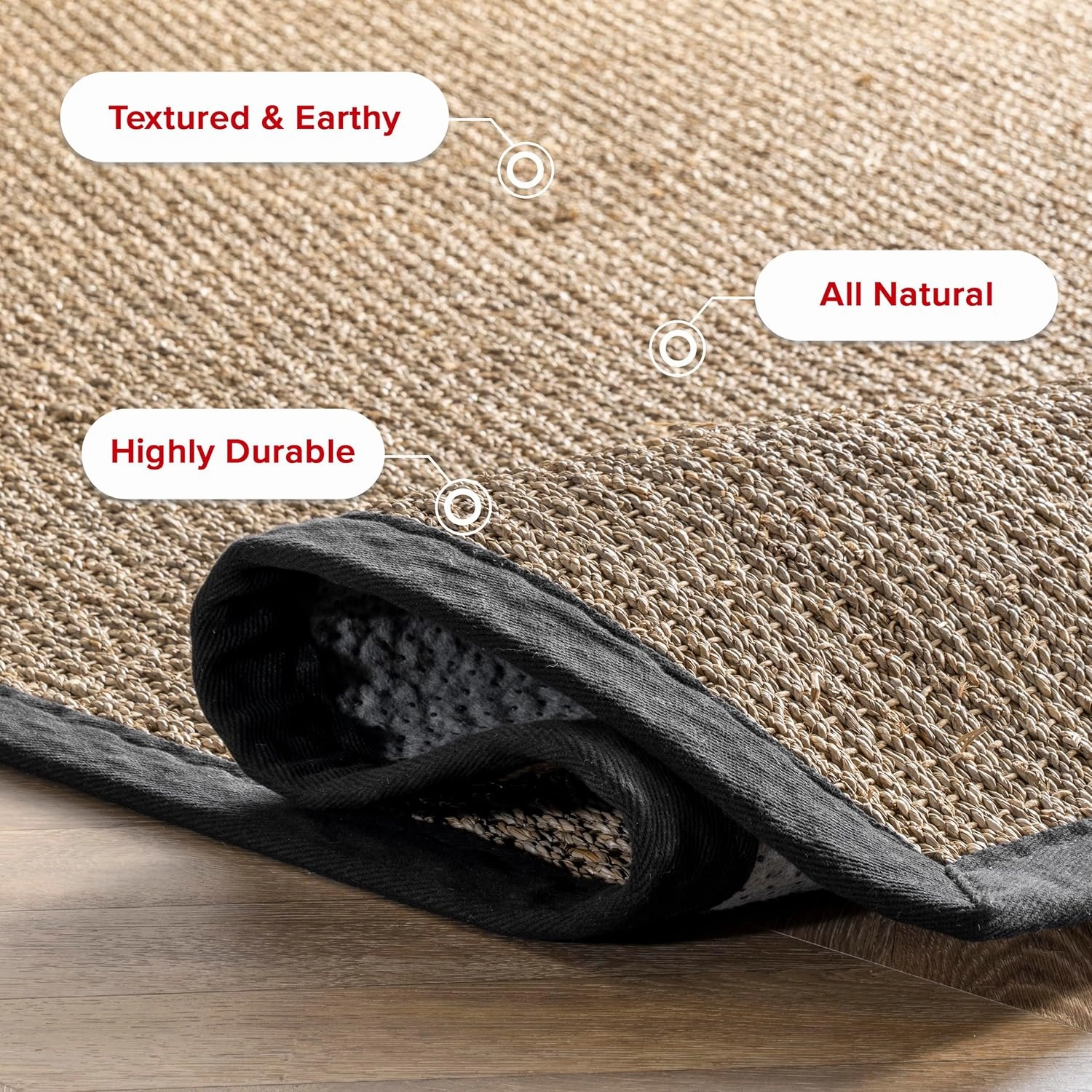 nuLOOM 3x4 Elijah Seagrass Area Rug, Black, Solid Farmhouse Style, Cotton Bordered, Basketweave, Natural Fiber, For Bedroom, Dining Room, Living Room, Hallway, Office, Kitchen, Entryway