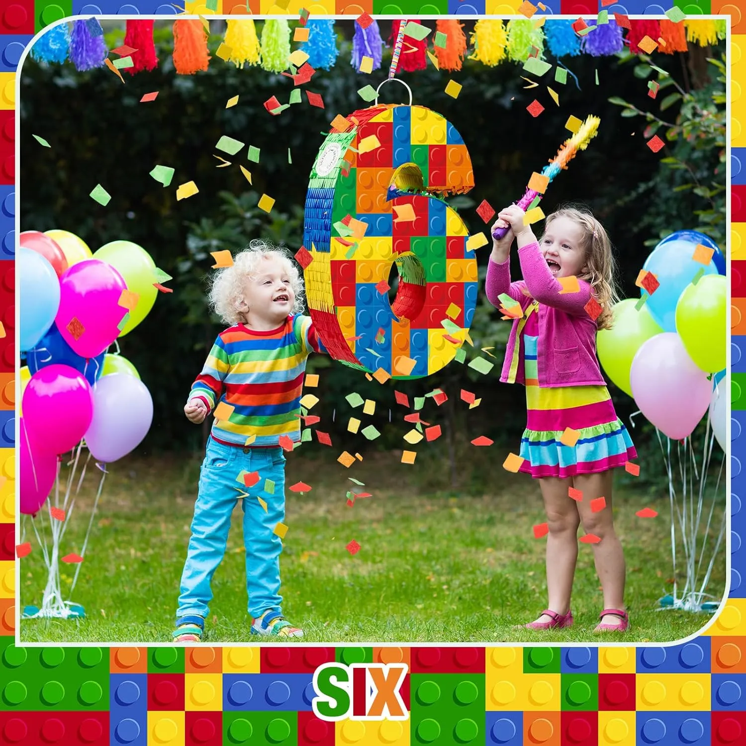 Number 6 Building Blocks Piñata 16.5 Inch Party Supplies 6th Birthday Party Decorations Piñata with Confetti Blocks Theme Fiesta Anniversary Celebration