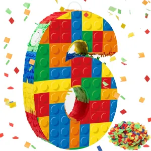 Number 6 Building Blocks Piñata 16.5 Inch Party Supplies 6th Birthday Party Decorations Piñata with Confetti Blocks Theme Fiesta Anniversary Celebration