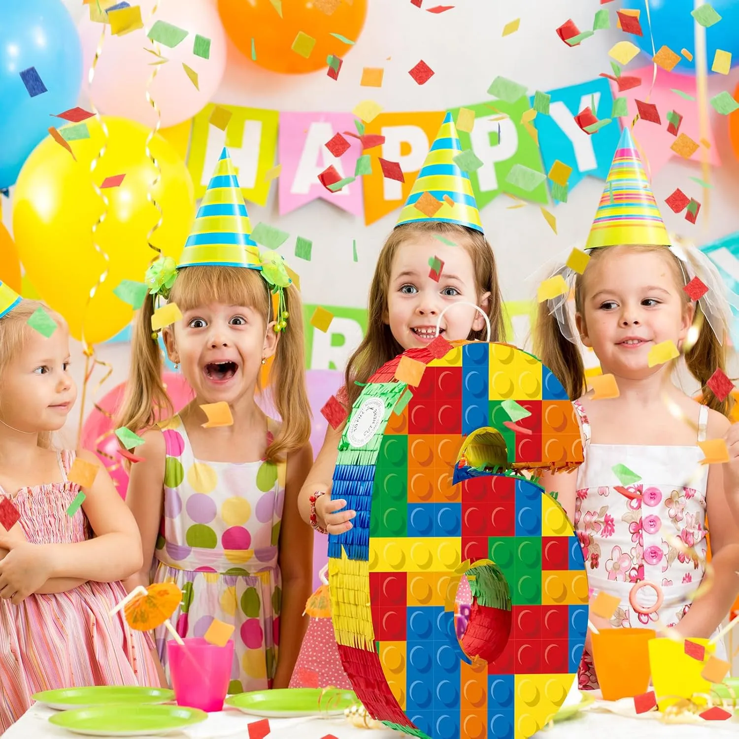 Number 6 Building Blocks Piñata 16.5 Inch Party Supplies 6th Birthday Party Decorations Piñata with Confetti Blocks Theme Fiesta Anniversary Celebration