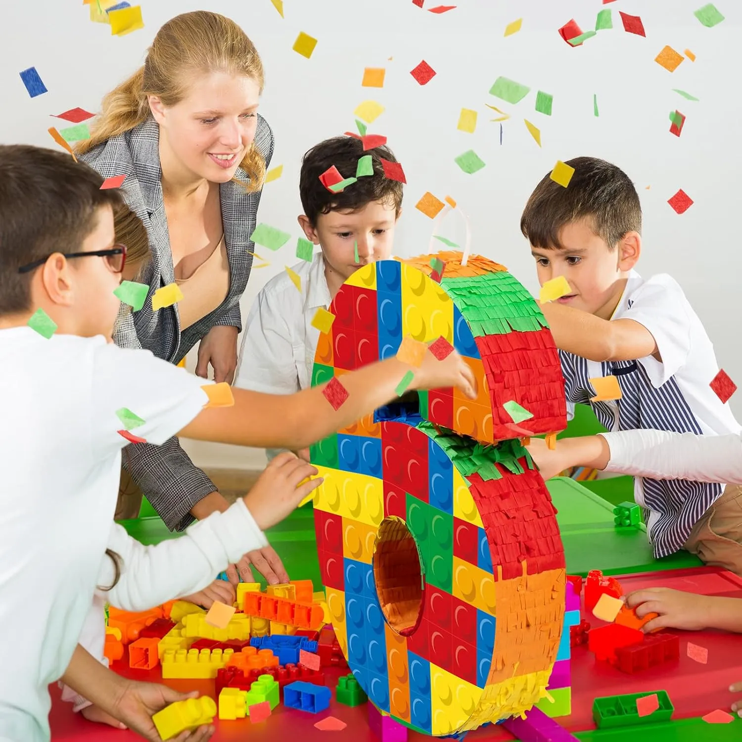 Number 6 Building Blocks Piñata 16.5 Inch Party Supplies 6th Birthday Party Decorations Piñata with Confetti Blocks Theme Fiesta Anniversary Celebration