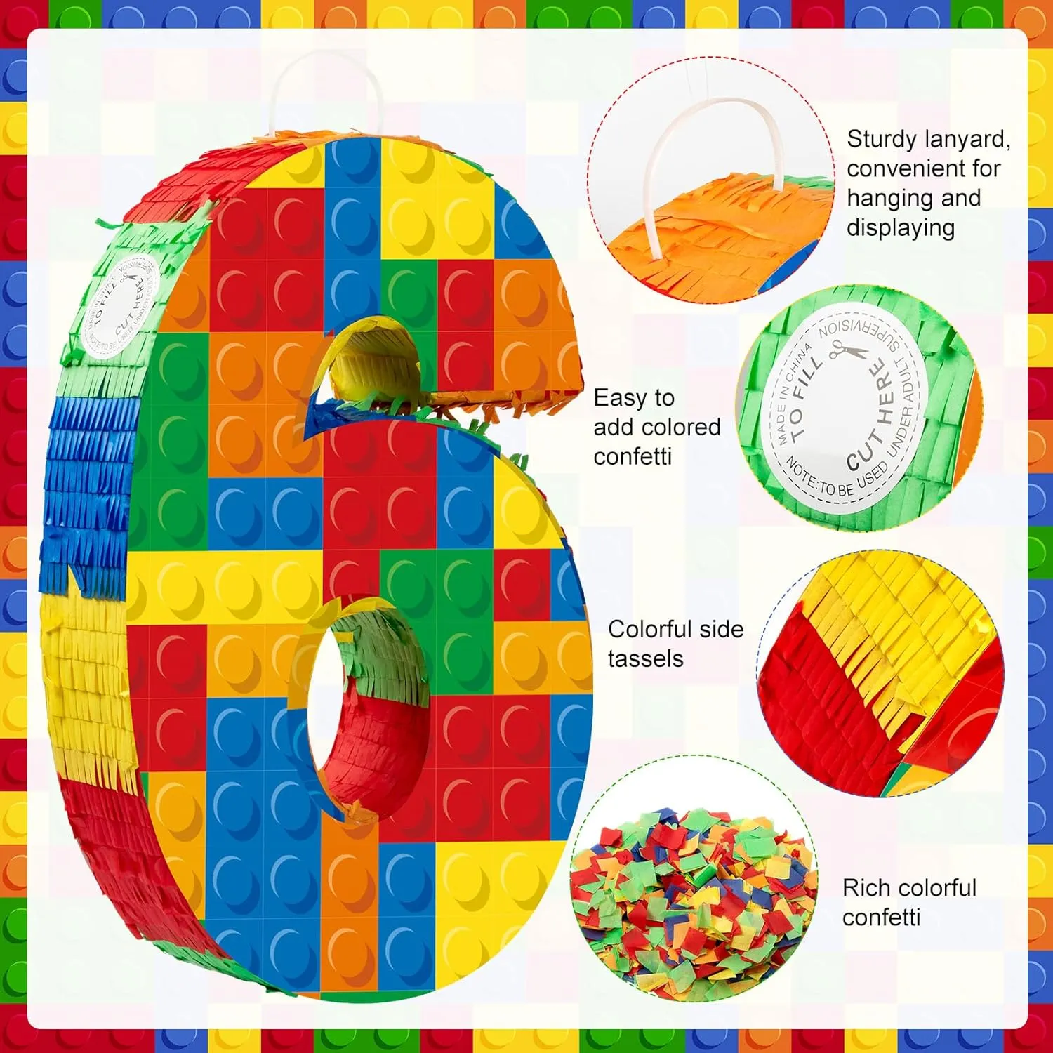 Number 6 Building Blocks Piñata 16.5 Inch Party Supplies 6th Birthday Party Decorations Piñata with Confetti Blocks Theme Fiesta Anniversary Celebration
