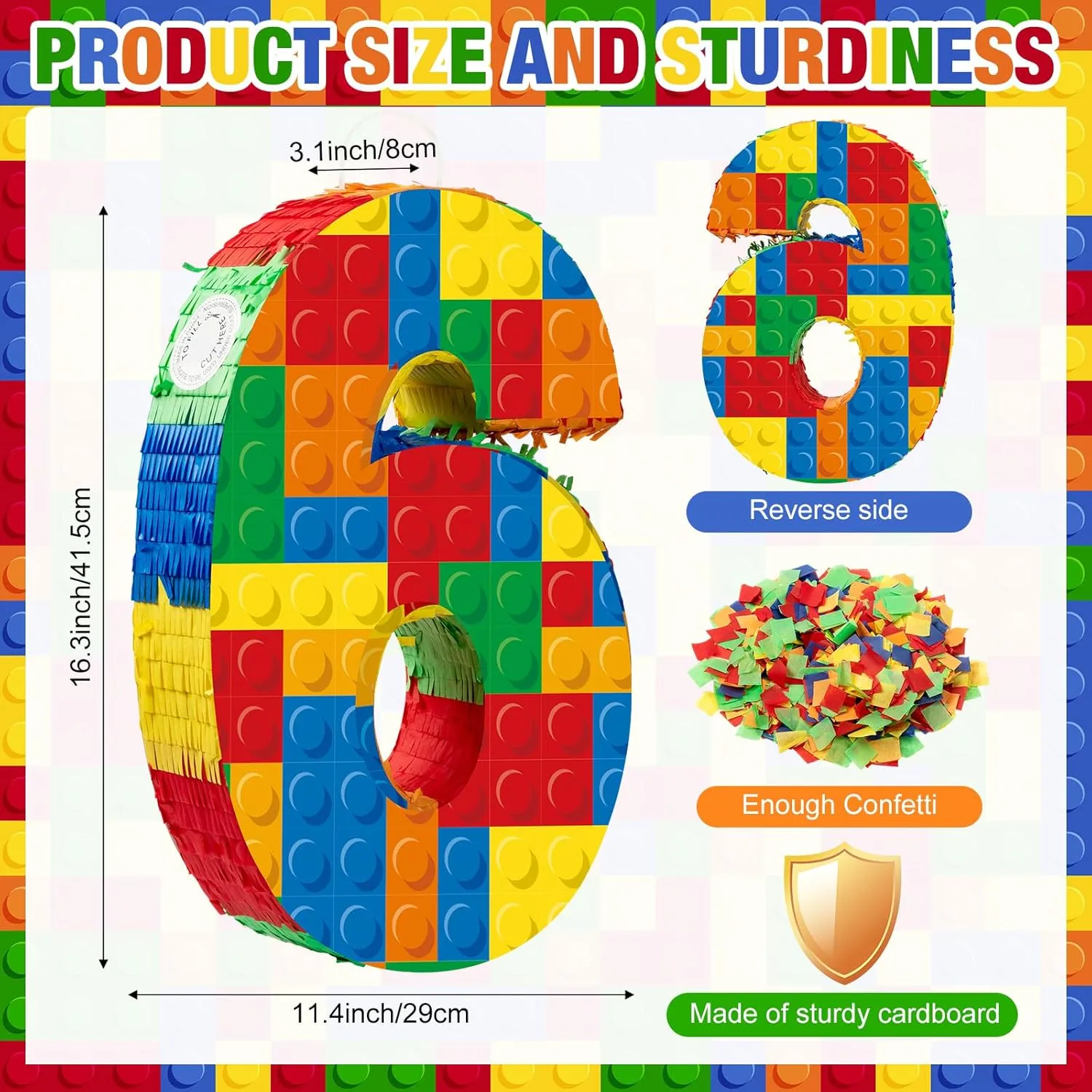 Number 6 Building Blocks Piñata 16.5 Inch Party Supplies 6th Birthday Party Decorations Piñata with Confetti Blocks Theme Fiesta Anniversary Celebration