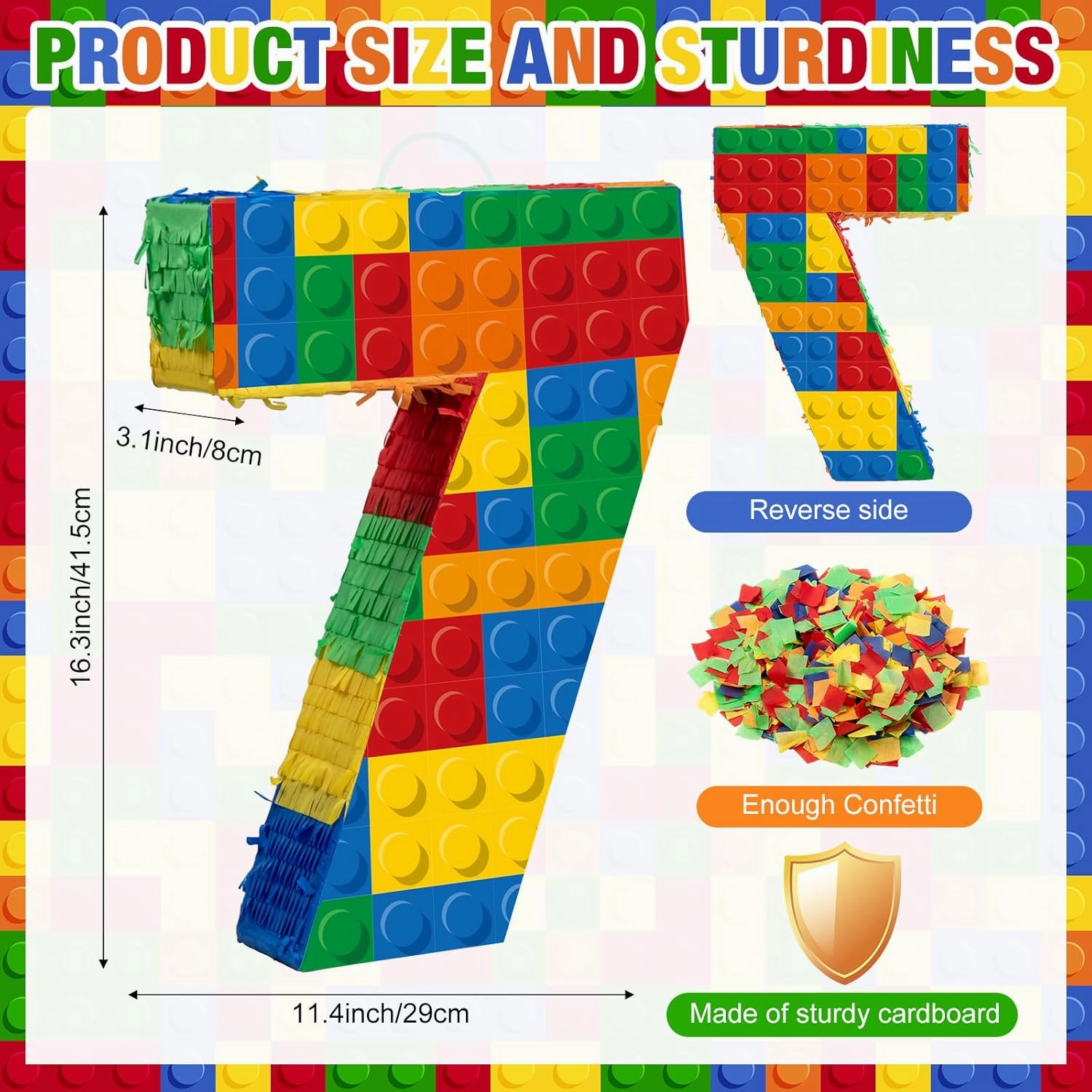 Number 7 Building Blocks Piñata 16.5 Inch Party Supplies 7th Birthday Party Decorations Piñata with Confetti Blocks Theme Fiesta Anniversary Celebration