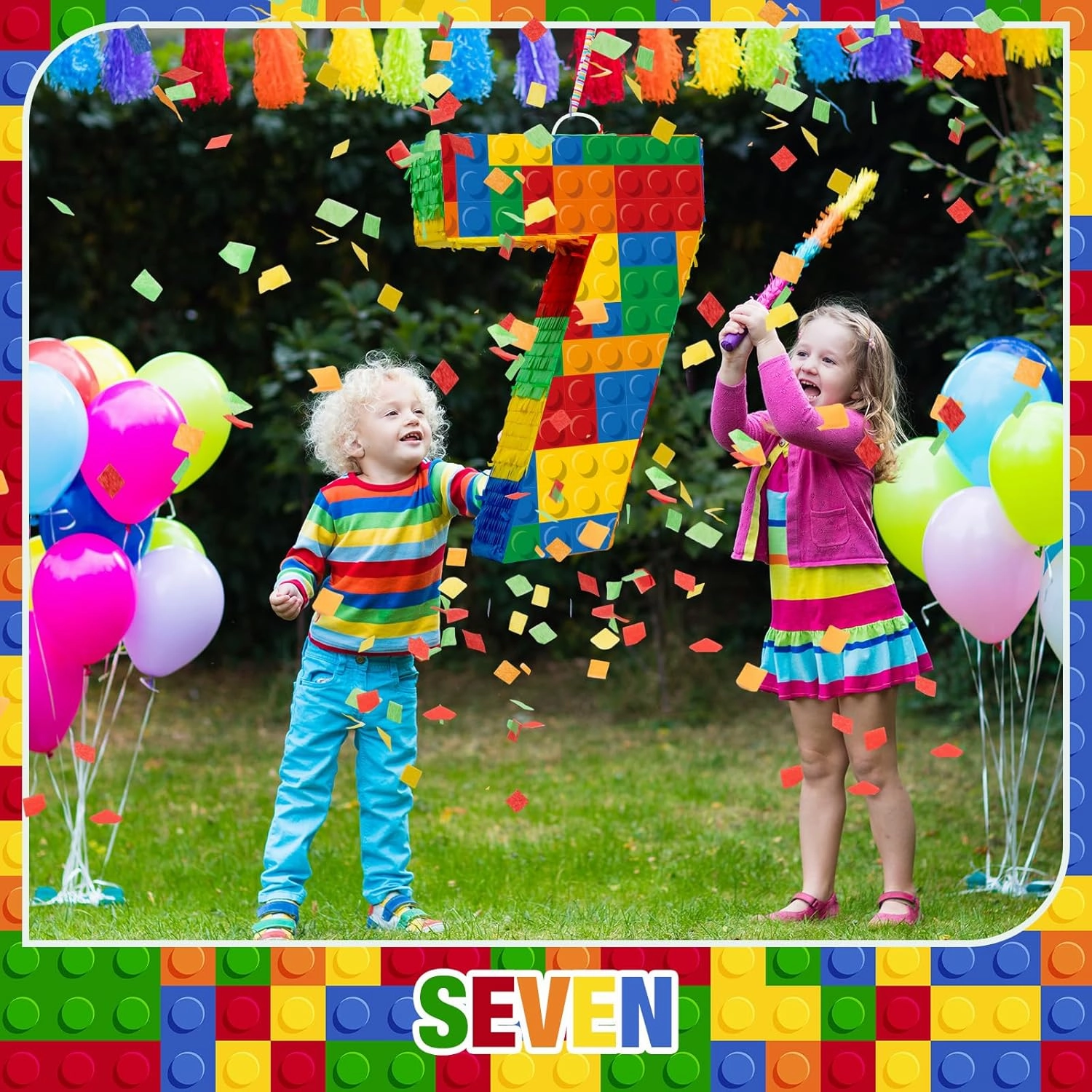 Number 7 Building Blocks Piñata 16.5 Inch Party Supplies 7th Birthday Party Decorations Piñata with Confetti Blocks Theme Fiesta Anniversary Celebration