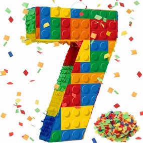 Number 7 Building Blocks Piñata 16.5 Inch Party Supplies 7th Birthday Party Decorations Piñata with Confetti Blocks Theme Fiesta Anniversary Celebration