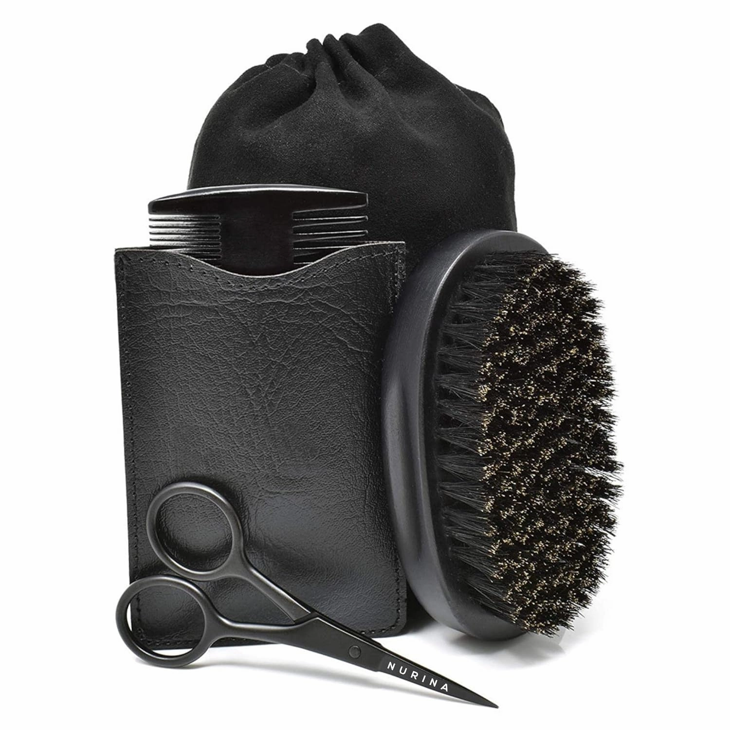 NURINA Beard Grooming Set for Men - Wooden Comb, Boar Bristle Brush, Stainless Steel Scissors, Travel-Friendly Shaping Tool, and Moustache Comb