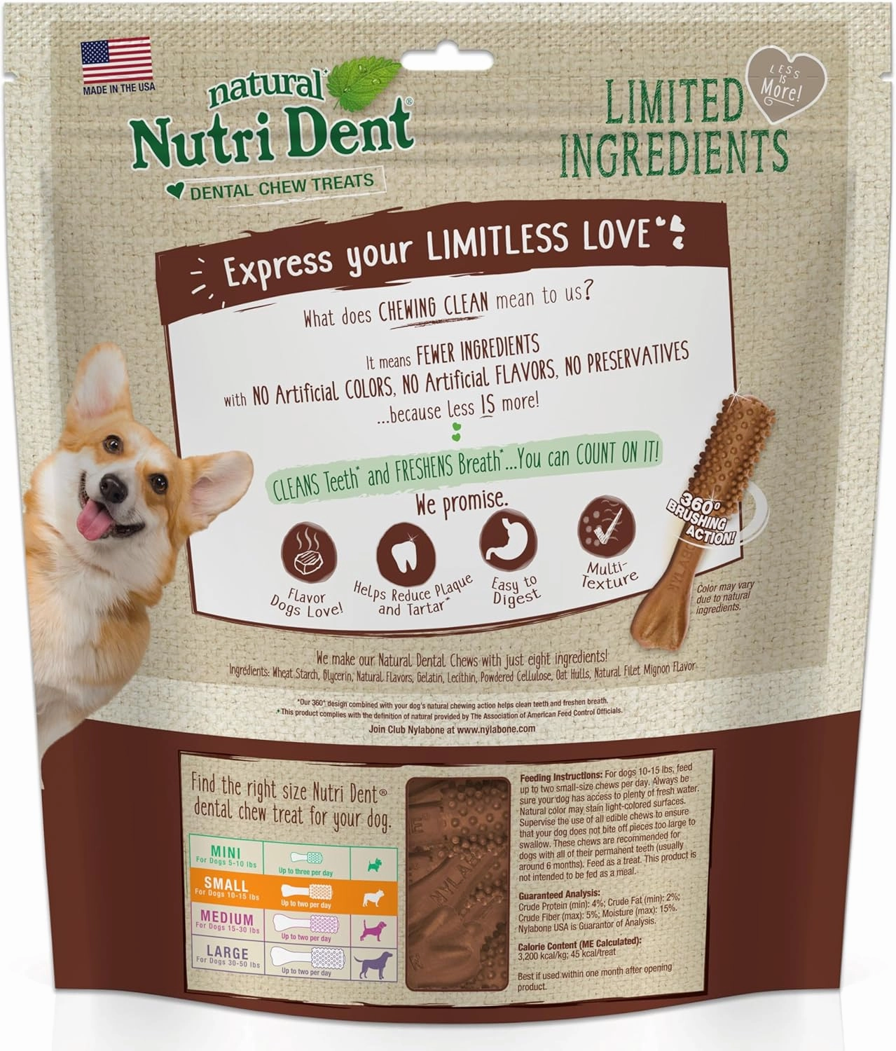 Nylabone Nutri Dent Dog Dental Chews - Natural Dog Teeth Cleaning & Breath Freshener - Dental Treats for Dogs - Filet Mignon Flavor, Small (64 Count)