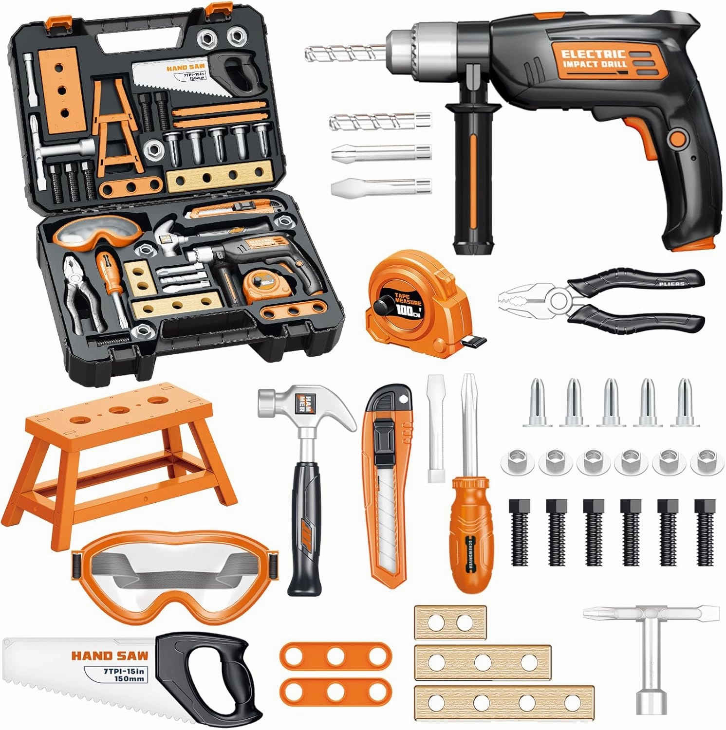 OCHIDO Kids Tool Set with Tool Box & Electronic Toy Drill, 41PCS Toddler Tool Set Kids Construction Toys for Ages 3,4,5,6,7,8, Kids Tools Boy Toys for Boys Christmas Birthday Gifts