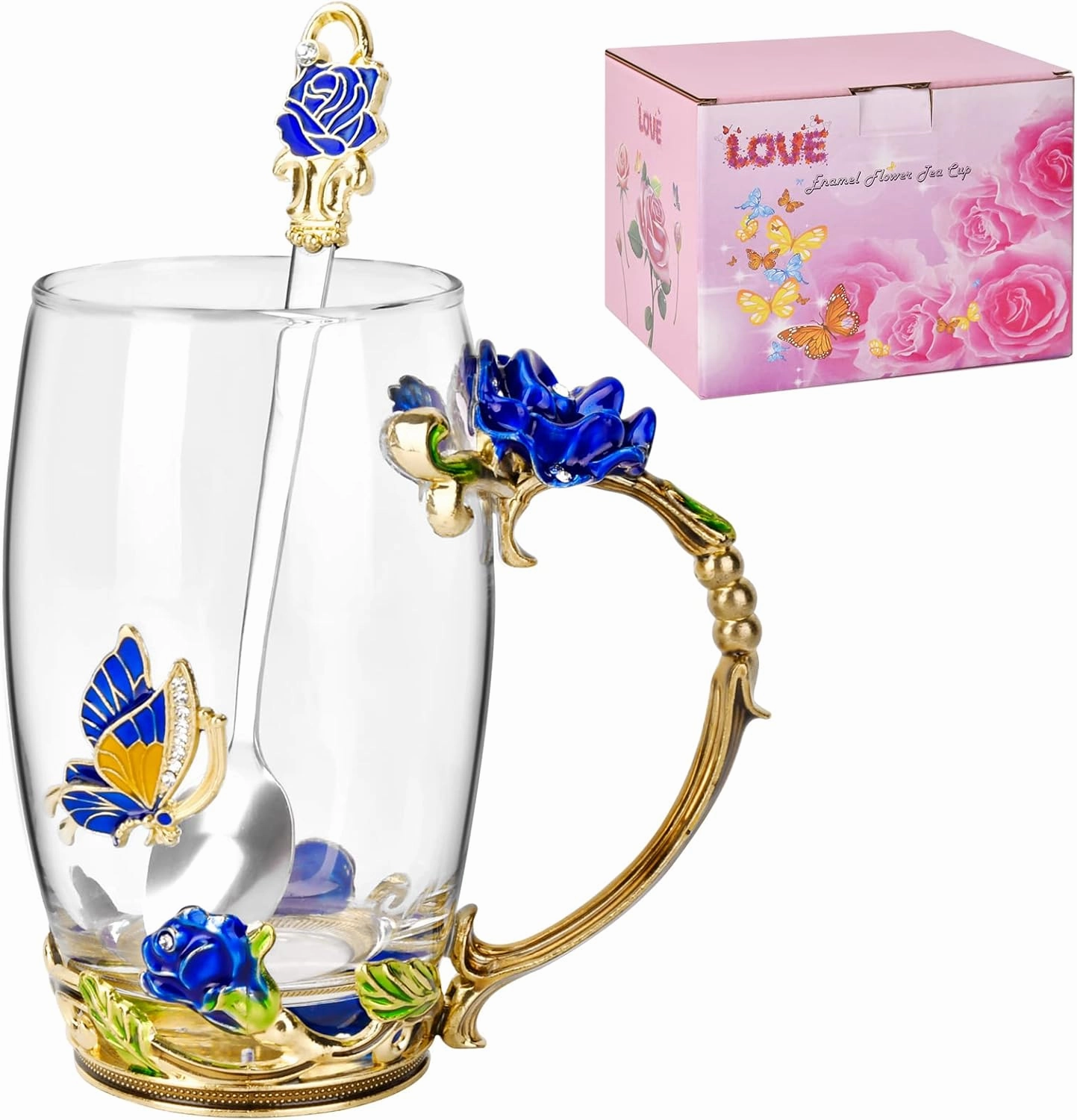 OEAGO Gifts for Mom Women Mothers Day Glass Coffee Enamels Mug Best Birthday Butterfly Rose Gifts for Her from Daughter Son Lead-Free Christmas Blue Tea Cup with Spoon Set