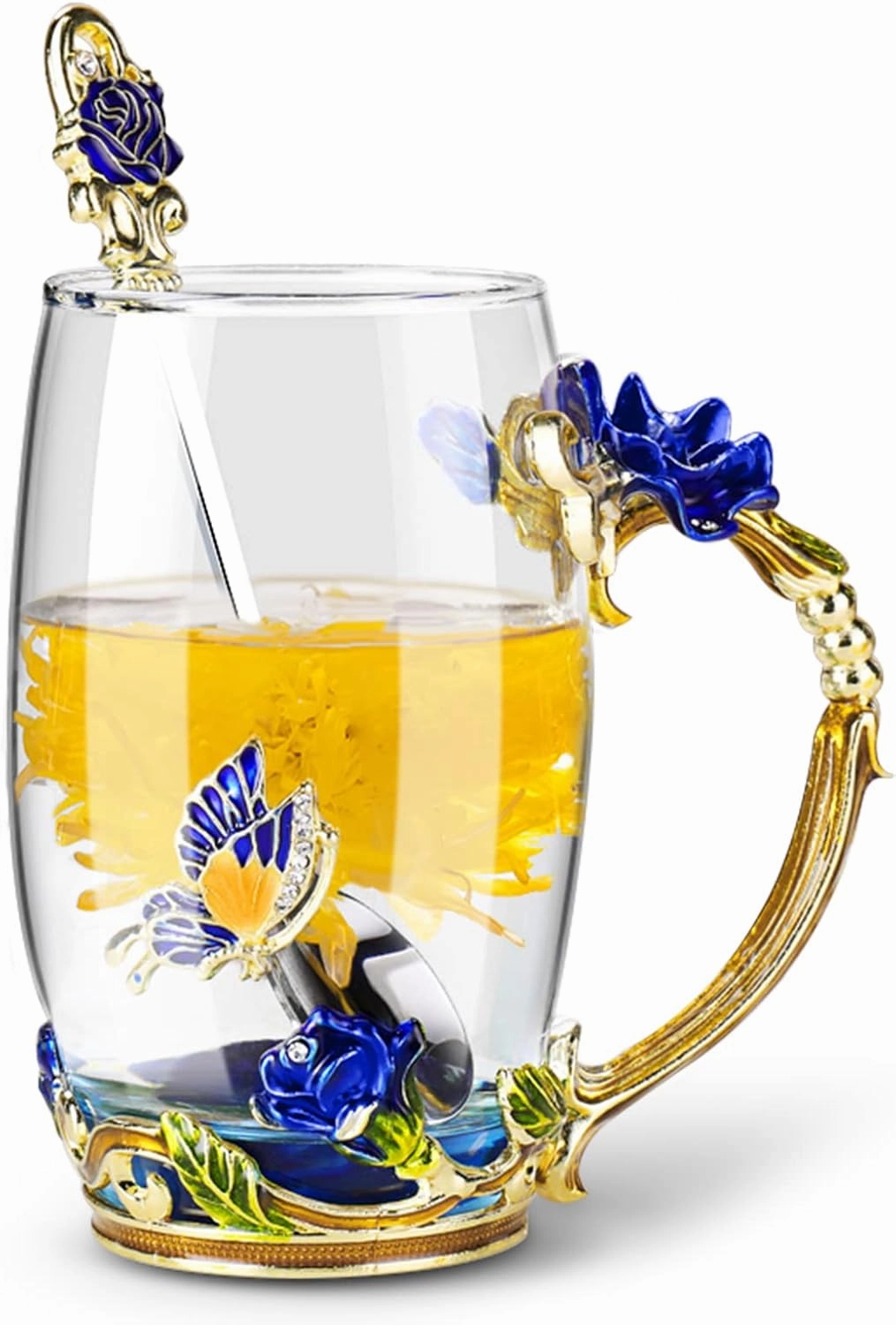 OEAGO Gifts for Mom Women Mothers Day Glass Coffee Enamels Mug Best Birthday Butterfly Rose Gifts for Her from Daughter Son Lead-Free Christmas Blue Tea Cup with Spoon Set
