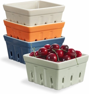 ONEMORE Ceramic Berry Basket, Rustic Stoneware Berry Bowls Colander, Square Fruit Bowls for Kitchen Décor Set of 4, 4.5 inch, Assorted Color