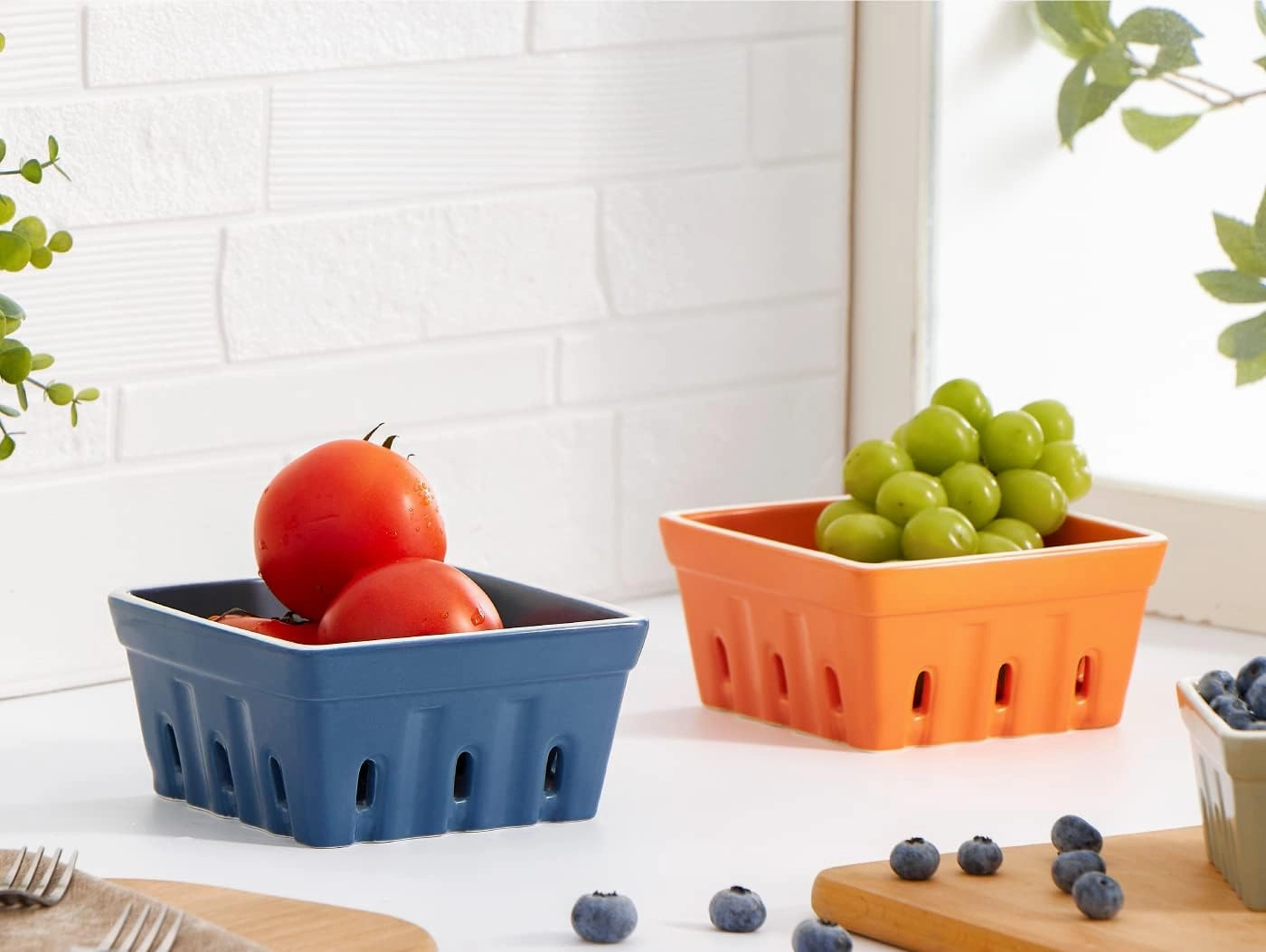 ONEMORE Ceramic Berry Basket, Square Fruit Bowls, Rustic Stoneware Berry Colander Set of 2, 5.7 inch, Orange & Blue