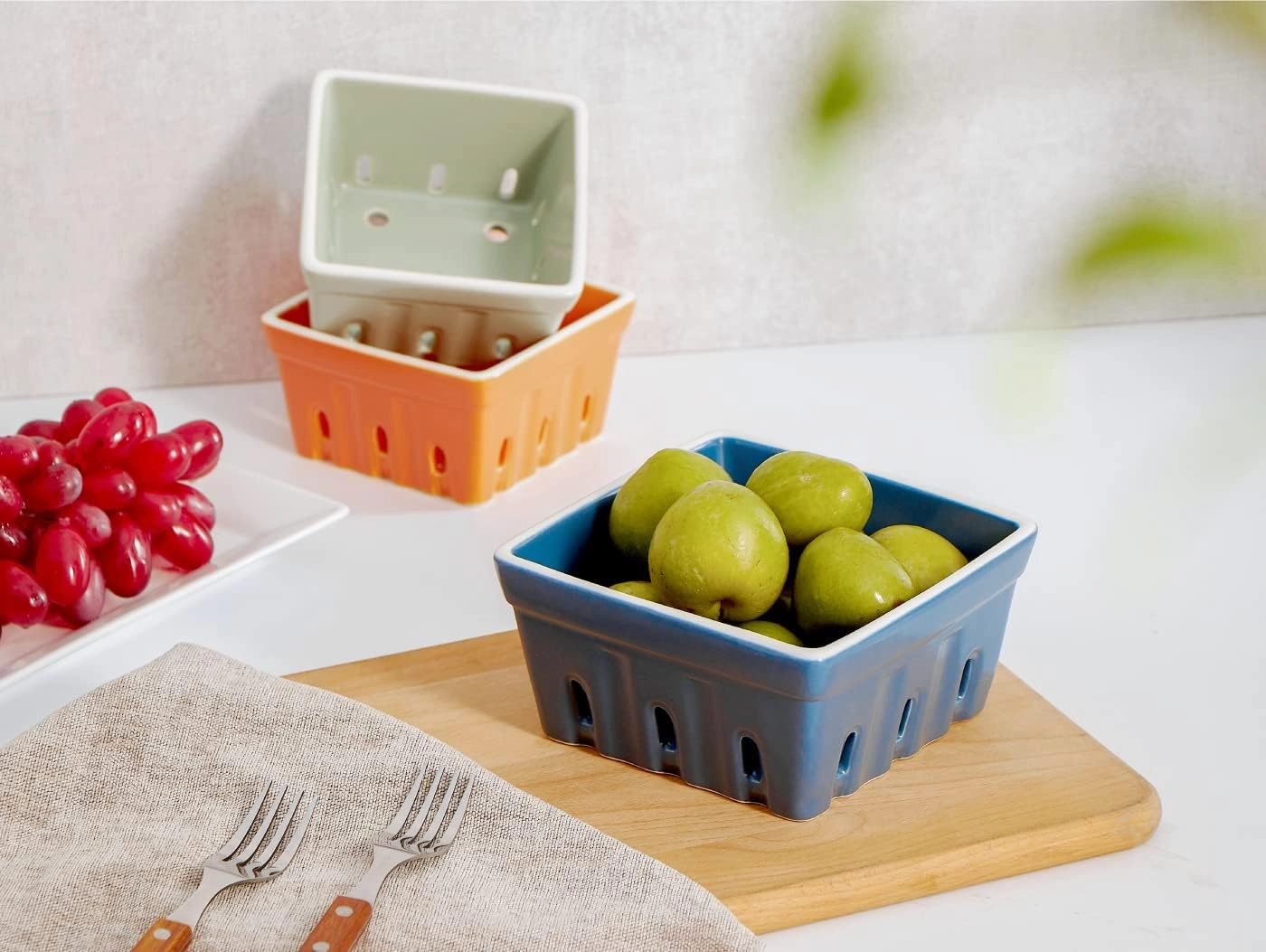 ONEMORE Ceramic Berry Basket, Square Fruit Bowls, Rustic Stoneware Berry Colander Set of 2, 5.7 inch, Orange & Blue