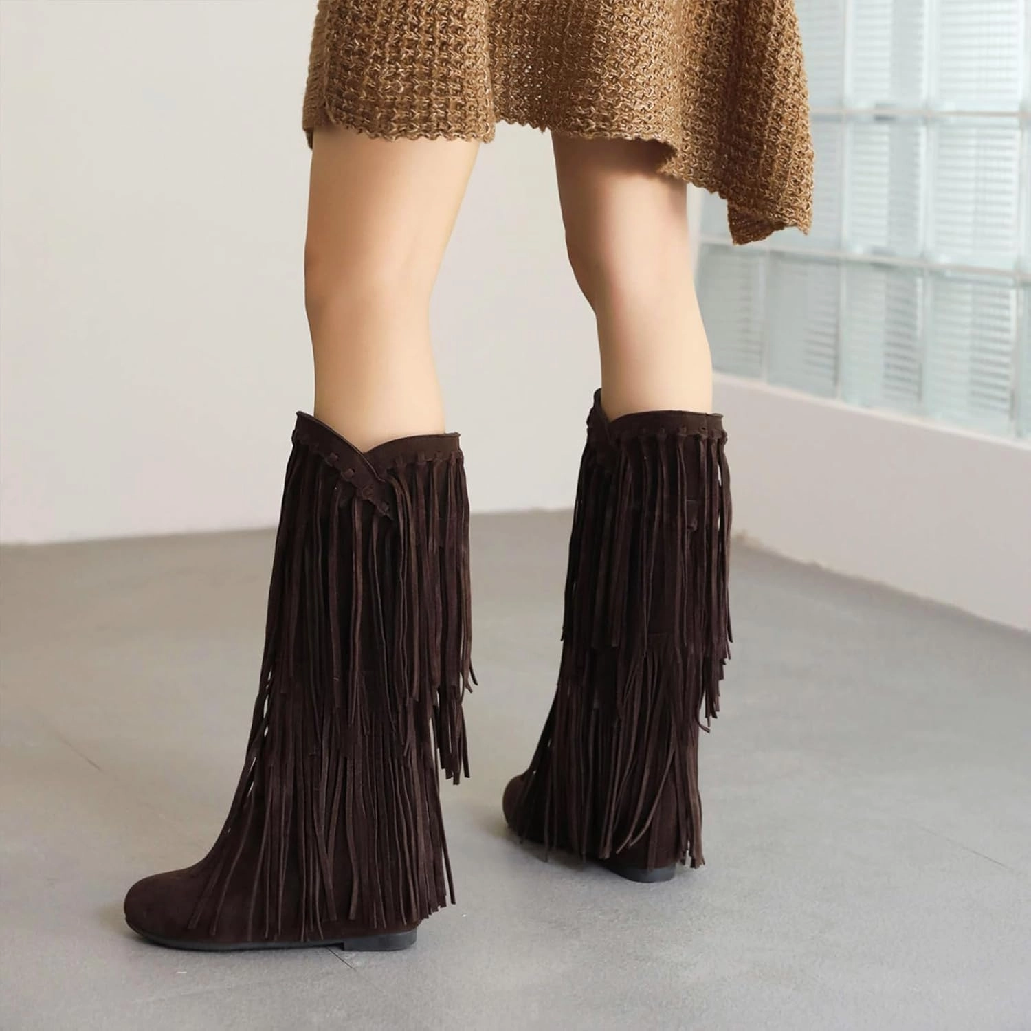 Optigard Women's Suede Plush Fringe Mid Calf Boots,Fashion Round Toe Pull On Retro Knee High Low Heel Dress Cowgirl Boots