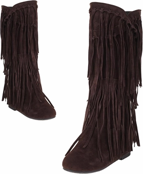 Optigard Women's Suede Plush Fringe Mid Calf Boots,Fashion Round Toe Pull On Retro Knee High Low Heel Dress Cowgirl Boots