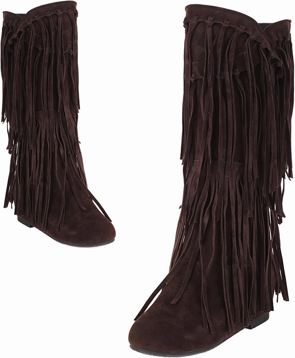 Optigard Women's Suede Plush Fringe Mid Calf Boots,Fashion Round Toe Pull On Retro Knee High Low Heel Dress Cowgirl Boots