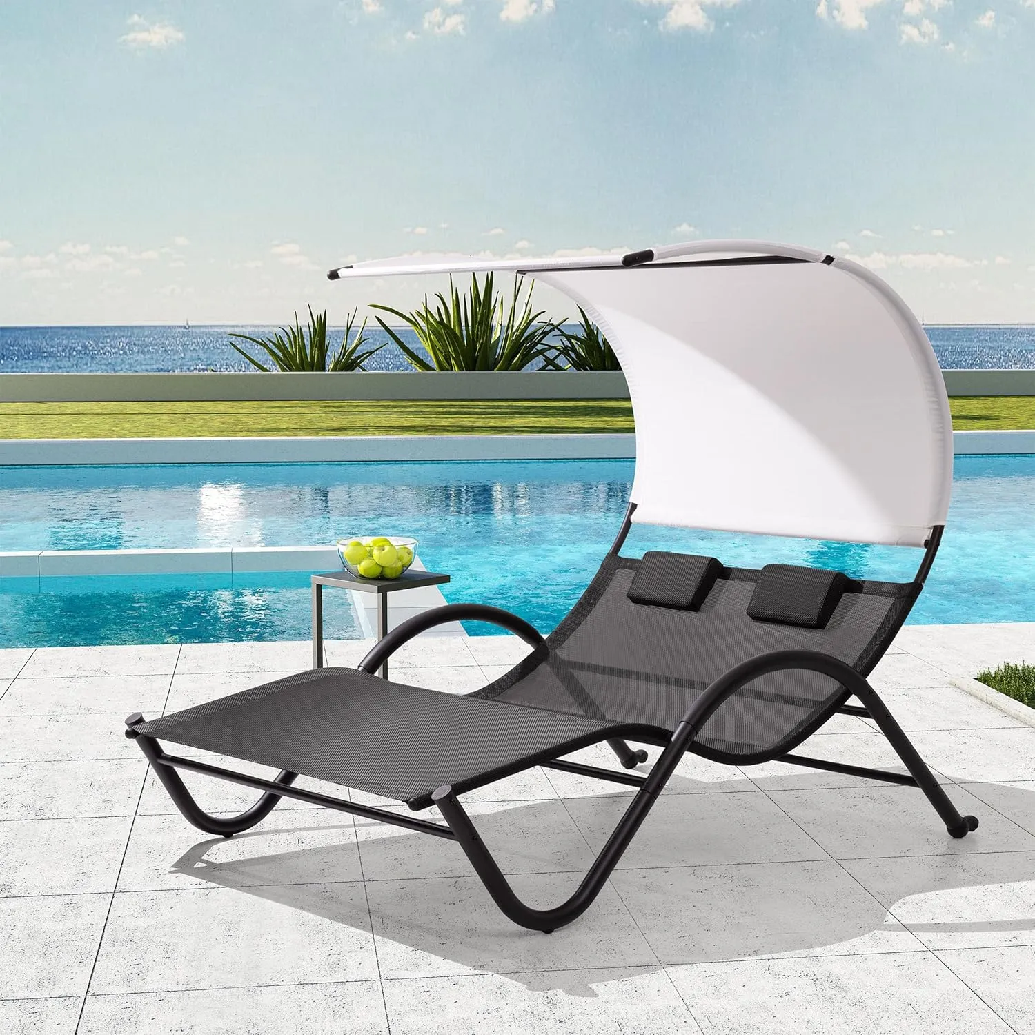 Outdoor 2 Seater Lounge Daybed with Canopy - All-Weather Sunbed with 2 Headrest Pillow Cushions and 7 Textilene Fabric Support- Portable Outdoor Lounge Chair for Garden, Backyard