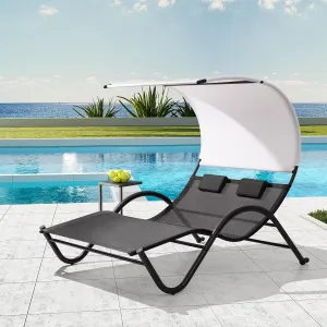 Outdoor 2 Seater Lounge Daybed with Canopy - All-Weather Sunbed with 2 Headrest Pillow Cushions and 7 Textilene Fabric Support- Portable Outdoor Lounge Chair for Garden, Backyard