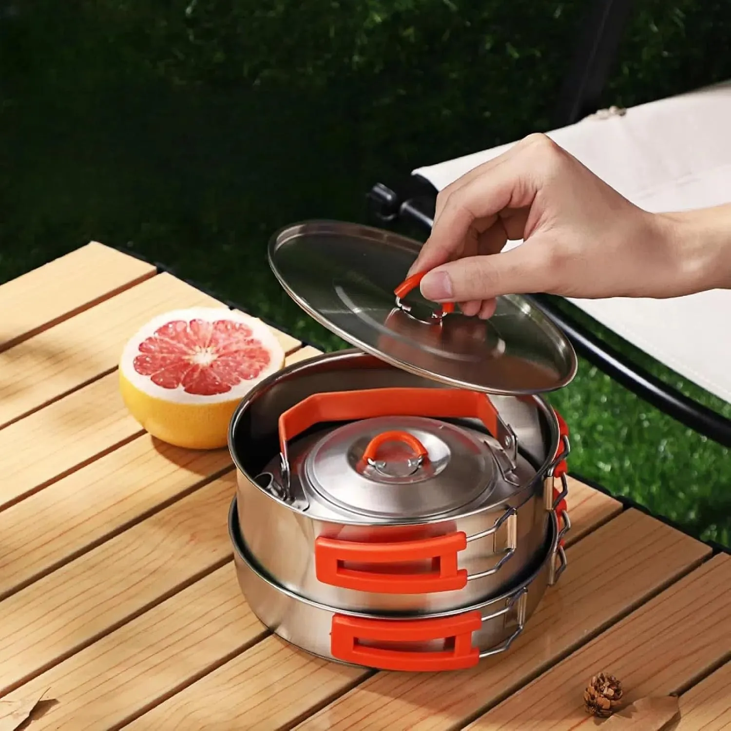 Outdoor cookware 304 Stainless Steel Camping Set Pot and pan Set of Three