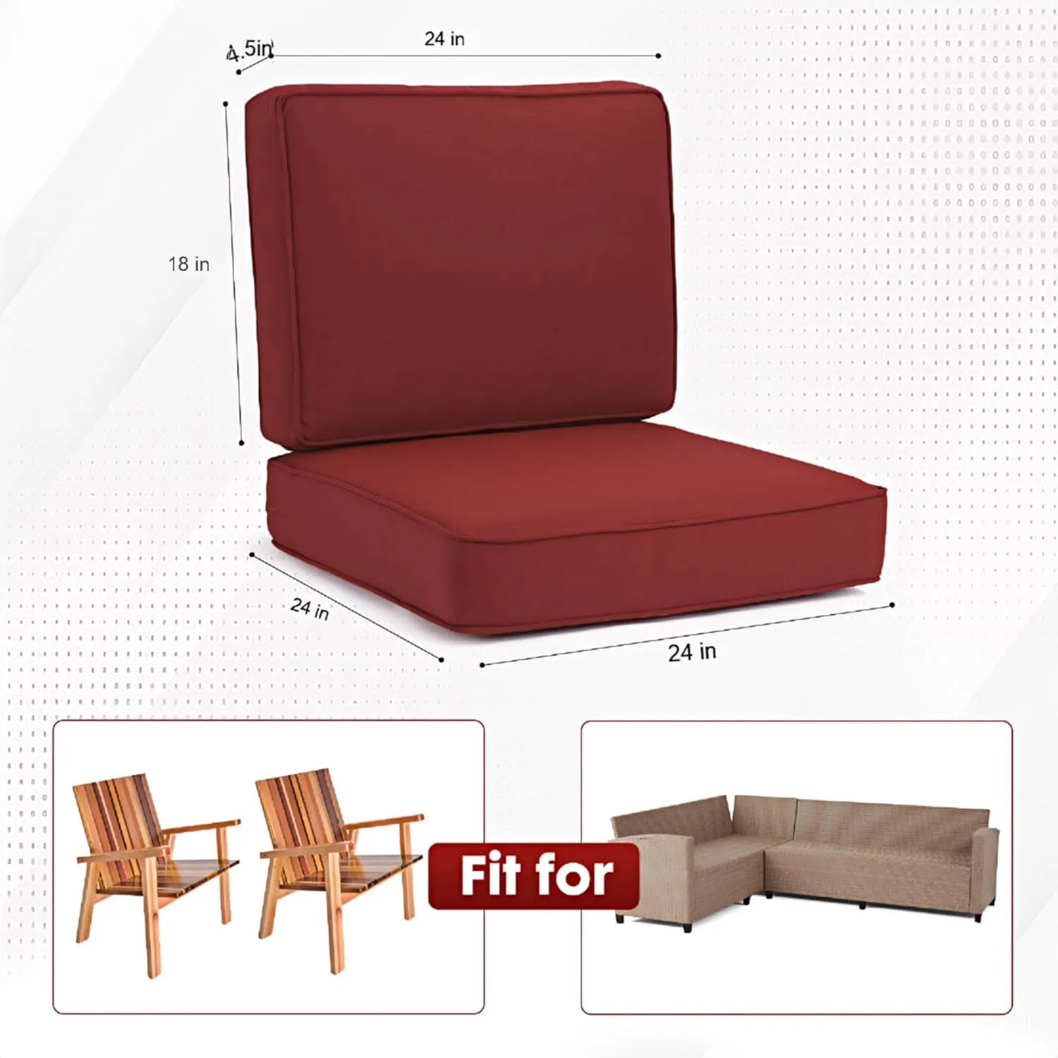 Outdoor Deep Seating Cushion Set, 24" x 24", Patio Chair Deep Seat Cushion and Back Cushion (1, Red)