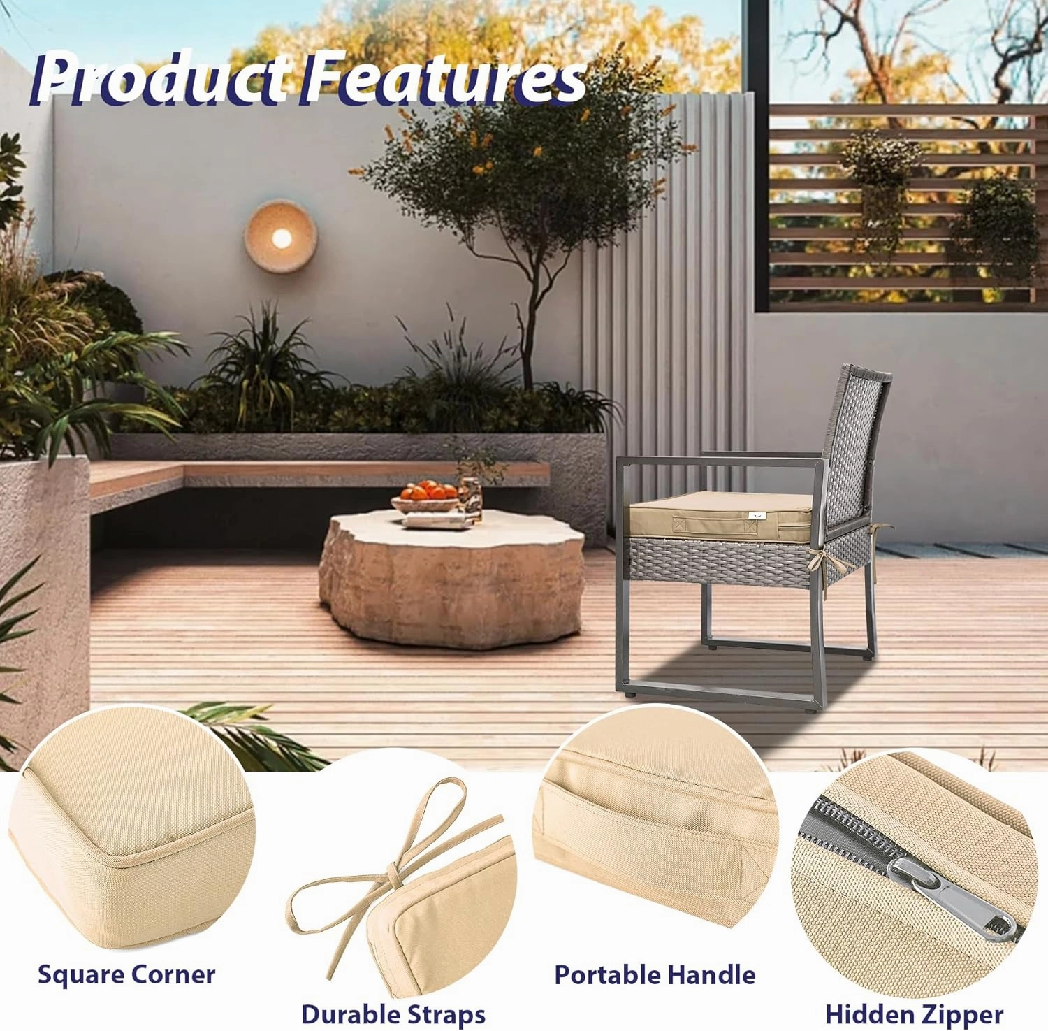 Outdoor Chair Cushions Set of 4, Waterproof Outdoor Seat Cushions for Patio Furniture, Patio Chair Cushion with Handle and Ties, Square Out Door Chair Pads,18.5" x 16" x 3", Beige