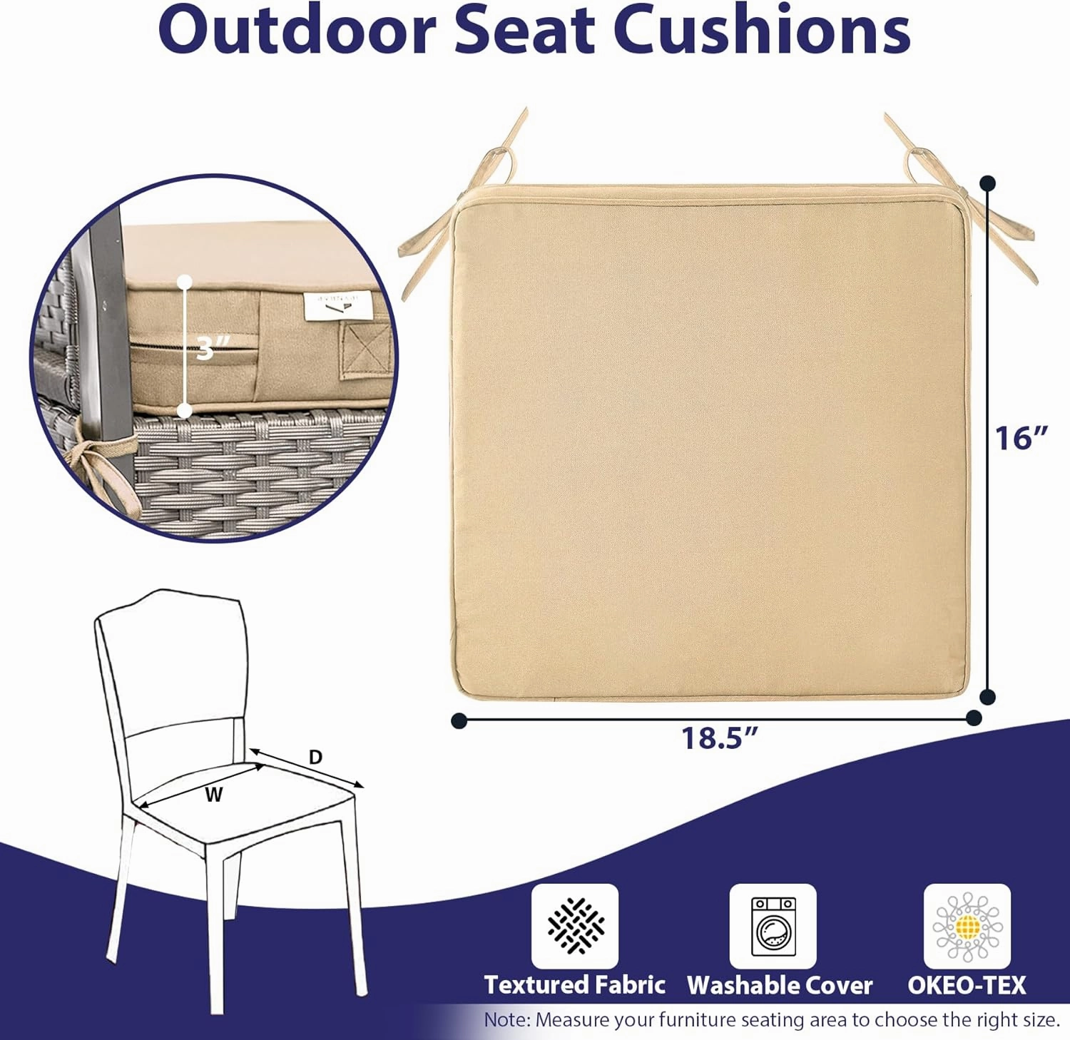 Outdoor Chair Cushions Set of 4, Waterproof Outdoor Seat Cushions for Patio Furniture, Patio Chair Cushion with Handle and Ties, Square Out Door Chair Pads,18.5" x 16" x 3", Beige