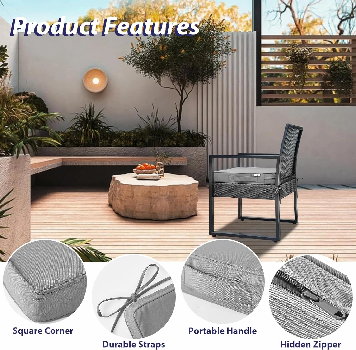 Outdoor Chair Cushions Set of 4, Waterproof Outdoor Seat Cushions for Patio Furniture, Patio Chair Cushion with Handle and Ties, Square Out Door Chair Pads,18.5" x 16" x 3", Light Grey