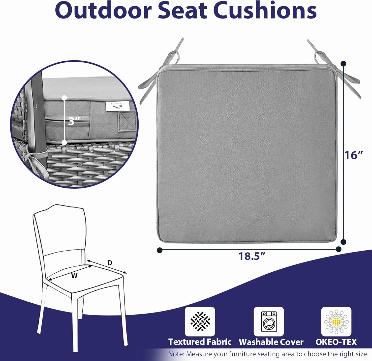 Outdoor Chair Cushions Set of 4, Waterproof Outdoor Seat Cushions for Patio Furniture, Patio Chair Cushion with Handle and Ties, Square Out Door Chair Pads,18.5" x 16" x 3", Light Grey